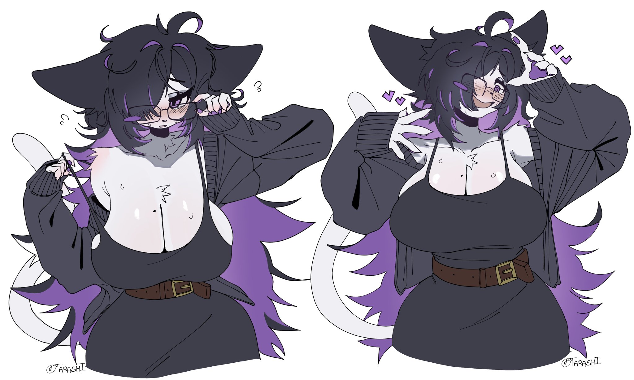 <3, 1girls, 2026, anthro, artist name, big breasts, black hair, blush, cleavage, domestic cat, embarrassed, felid, feline, female, female only, fur, furrification, furry, glasses, goddess of victory: nikke, heavy blush, hi res, hourglass figure, label (nikke), large breasts, long hair, looking at viewer, mole, mole on breast, purple eyes, purple hair, smiling, smiling at viewer, solo, tarashi, two-tone hair, white background, white fur, wide hips