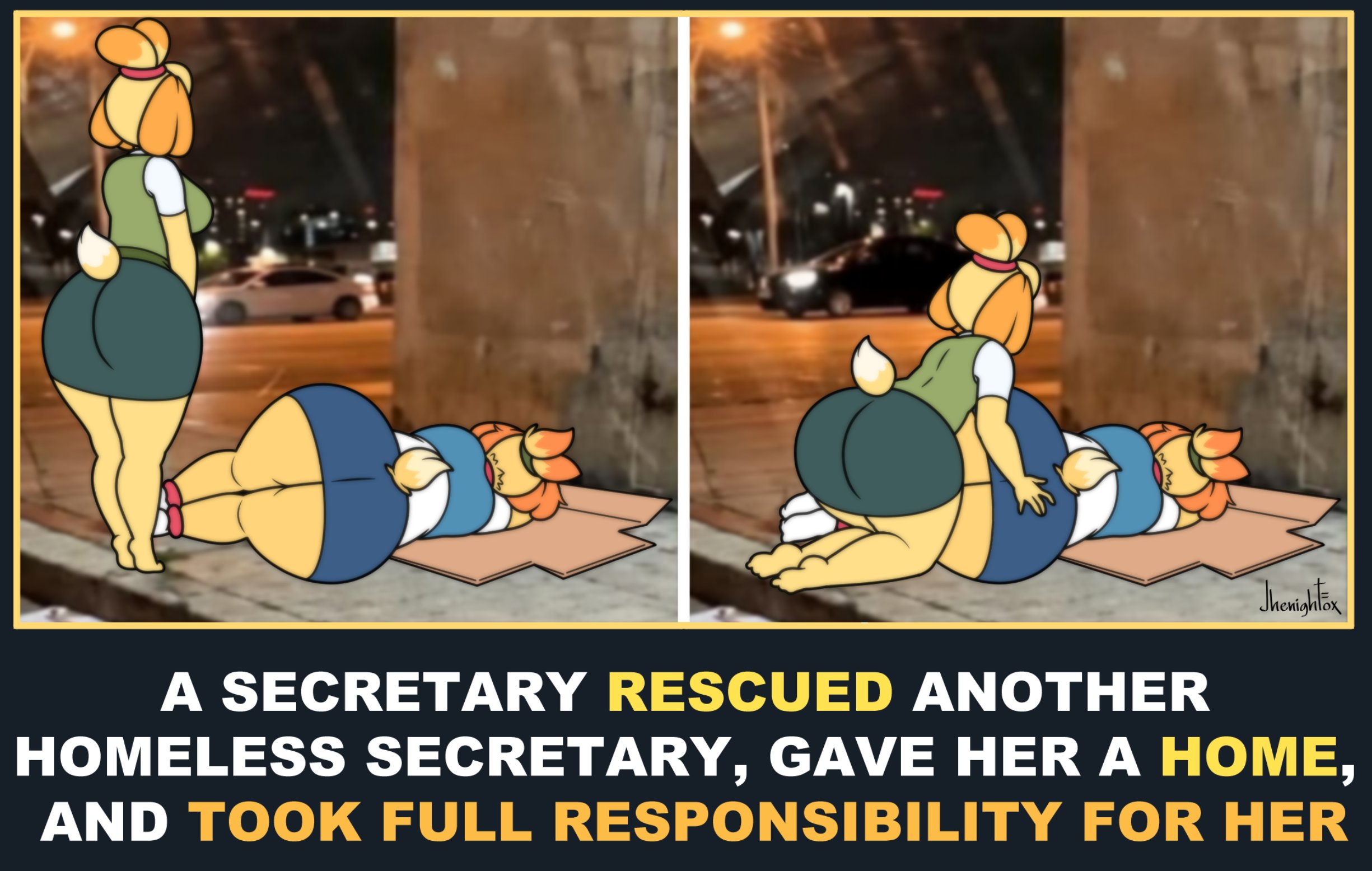 animal crossing, big ass, big breasts, breasts, bubble butt, canine, chubby female, derpybelle, female, female only, female/female, furry, huge ass, huge breasts, isabelle (animal crossing), jhenightfox, lying down, meme, secretary, shih tzu, short skirt, skirt, socks, tagme, thick thighs, wide hips, yellow body