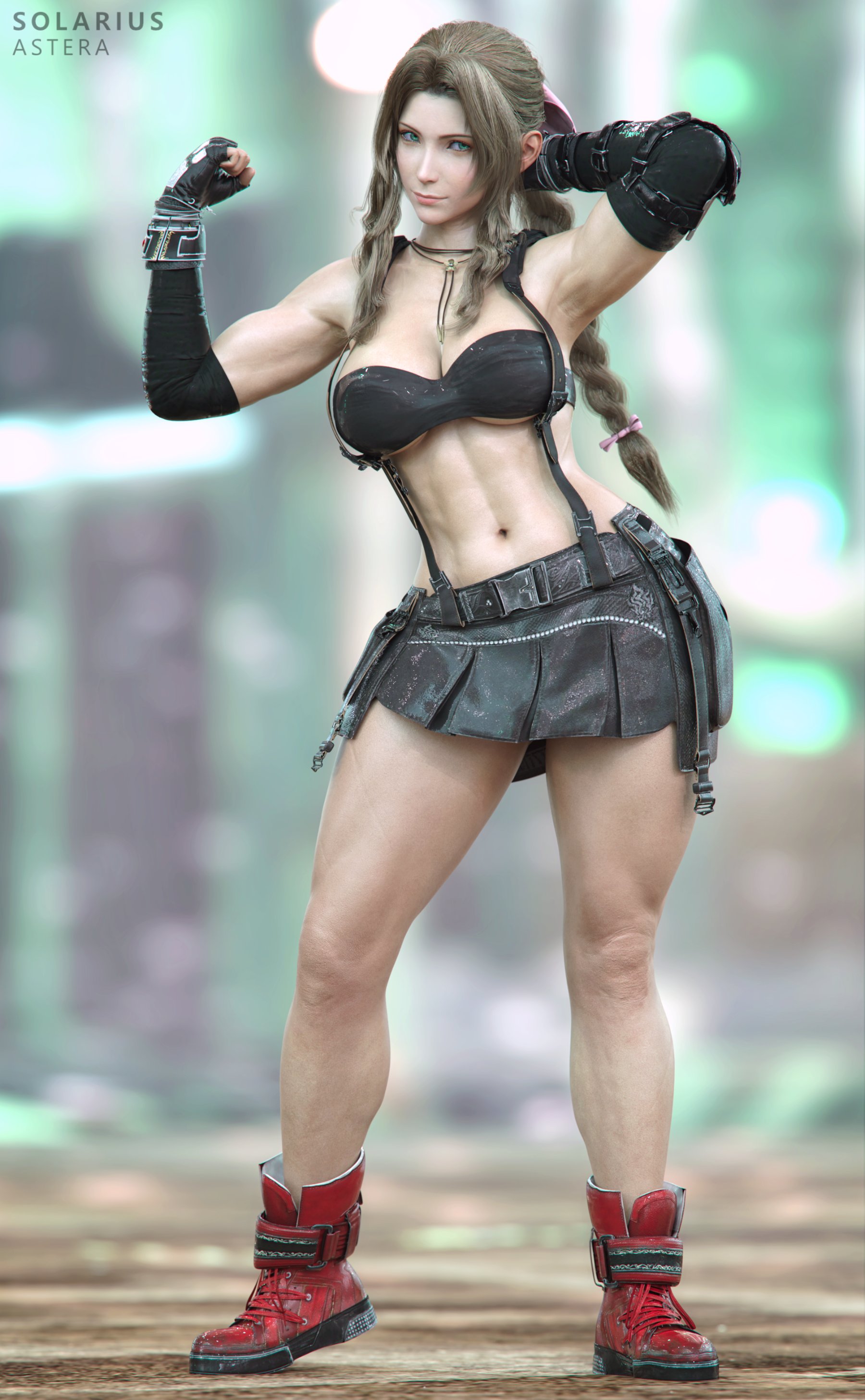 3d, aerith gainsborough, bandeau, bare legs, boots, braid, elbow gloves, female, final fantasy, final fantasy vii, fingerless gloves, flexing, hair bow, miniskirt, muscular, muscular female, muscular legs, ponytail, red footwear, solarius astera, solo, suspender skirt, tifa lockhart (cosplay)