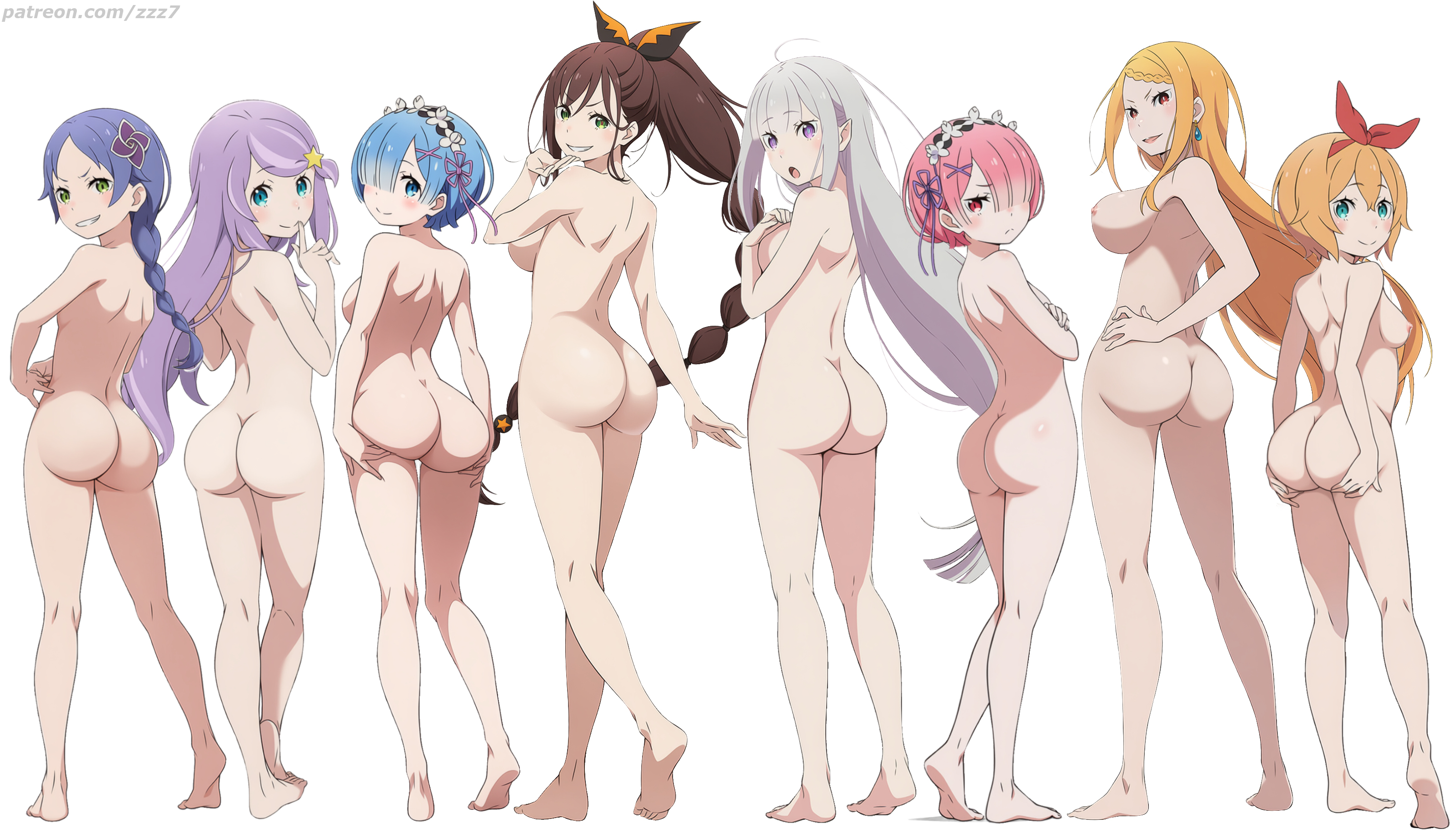 8girls, absurdres, ahoge, ai generated, anastasia hoshin, anus, ass, ass focus, barefoot, big ass, blonde hair, blue hair, breasts, brown hair, butt, completely naked, completely nude, crossed arms, emilia (re:zero), feet, feet together, flower in hair, from behind, grabbing own ass, hair ornament, hand on own chest, hand on own hip, heavenly ass, heavenly body, highres, huge ass, large breasts, lineup, looking back, meili portroute, multiple girls, naked, narrow waist, nude, nude female, orange hair, petite, petite body, petra leyte, pink hair, presenting, priscilla barielle, purple hair, pussy, ram (re:zero), re:zero kara hajimeru isekai seikatsu, rem (re:zero), shaula (re:zero), side-by-side, silver hair, smile, smiling, smiling at viewer, smirk, soles, standing, toes, watermark, white background, zzz7