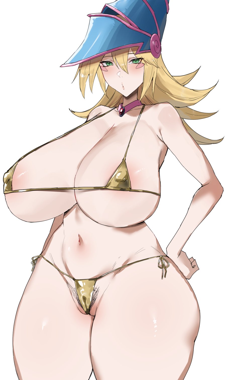 1girls, areolae, bikini, blonde hair, blush, boobs, collar, curvy, dark magician girl, duel monster, erect nipples, female, female only, gold bikini, golden bikini, green eyes, hand on hip, hi res, huge breasts, kataku musou, konami, large breasts, looking at viewer, magician, magician hat, micro bikini, musou kataku, open mouth, pale skin, pubic hair, simple background, solo, standing, thighs, voluptuous female, white background, yellow bikini, younger female, yu-gi-oh!, yu-gi-oh! duel monsters