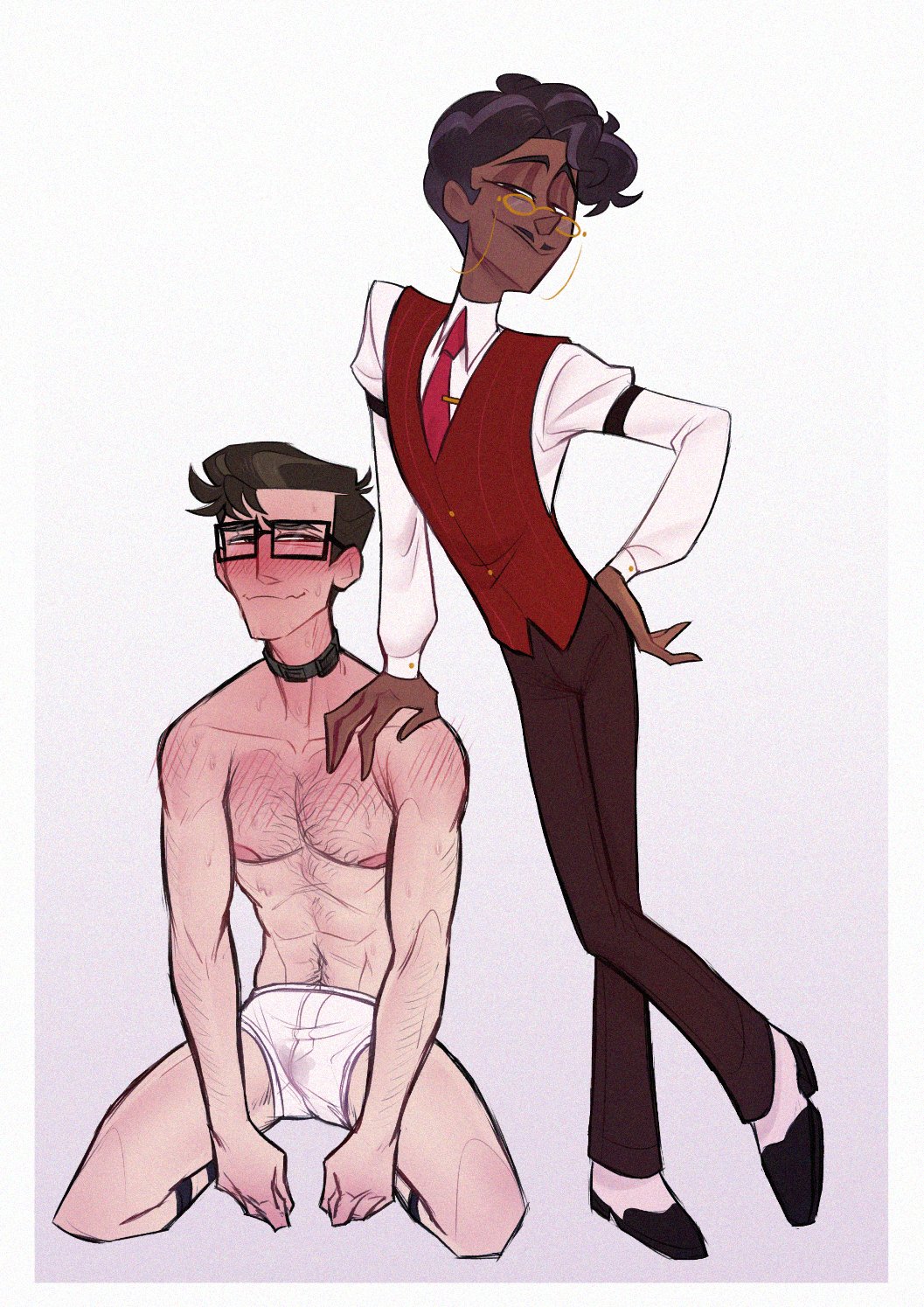 2boys, alastor (hazbin hotel), blush, chest hair, collar, fully clothed, fully clothed male, gay, gay domination, gay male, glasses, hairy, hairy male, happy trail, hazbin hotel, hellaverse, human alastor (hazbin hotel), human vox (hazbin hotel), male, male only, mustache, nipples, precum, precum through clothing, pubic hair, ranksauce, shock collar, sock garters, underwear, vincent whittman (hazbin hotel), vox (hazbin hotel), yaoi