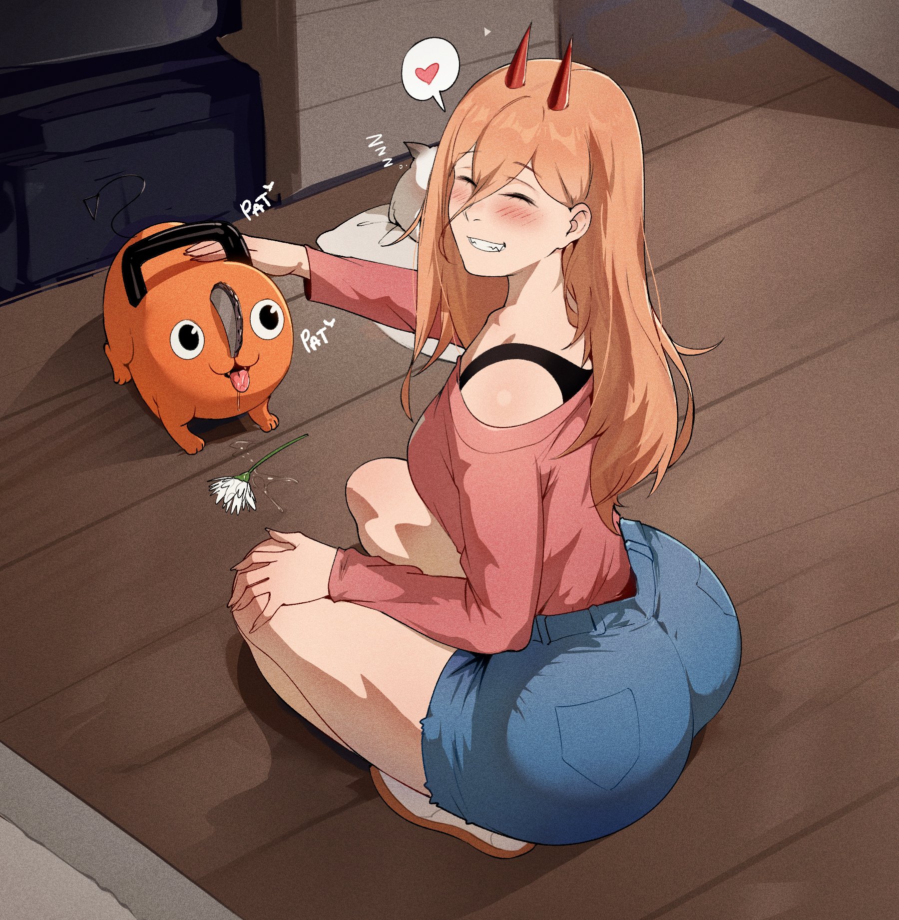 ass, ass focus, back view, blush, bra, breasts, chainsaw man, closed eyes, demon, demon horns, eyes closed, heart, jamesloves art, long hair, long sleeves, looking back, orange hair, pochita (chainsaw man), power (chainsaw man), sharp teeth, shirt, shorts, slim waist, smile, sneakers, speech bubble, tagme, thick thighs, tight fit, wide hips
