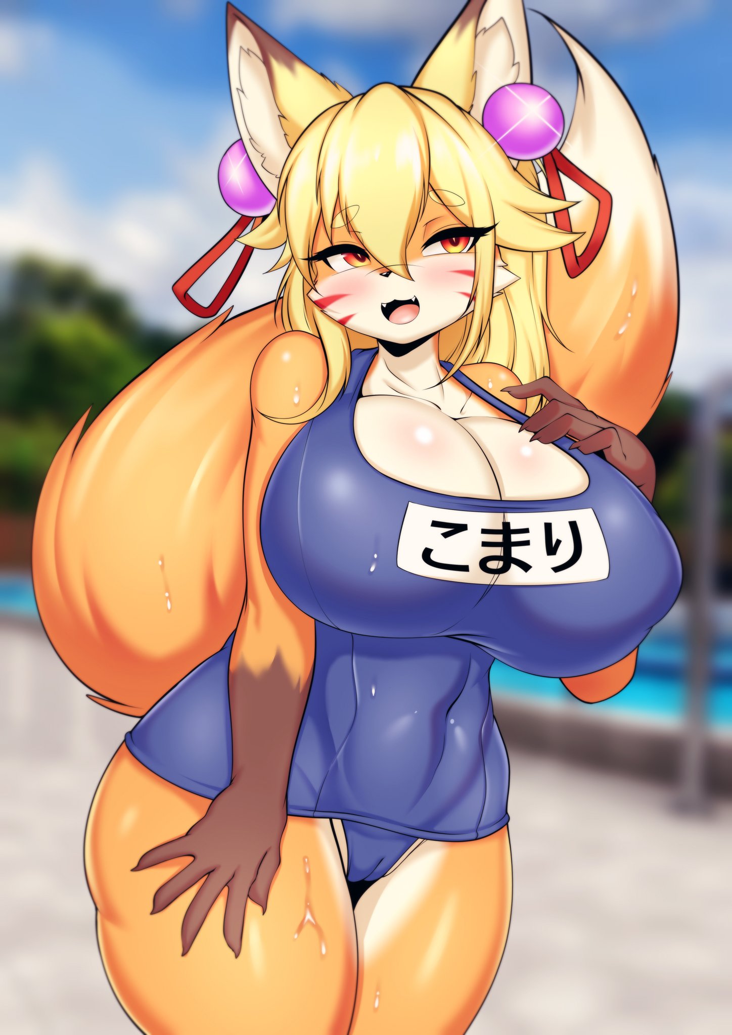 big breasts, breasts, female, fox, furry, hand on breast, nipple bulge, swimsuit, tagme, tailzkim, thick thighs