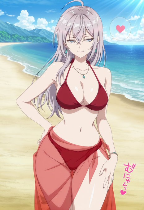 2d, ai generated, alisa mikhailovna kujou, arm on hip, beach, big breasts, bikini, breasts, breasts focus, female, female only, looking away, necklace, roshidere, tokidoki bosotto russian de dereru tonari no alya-san, white hair