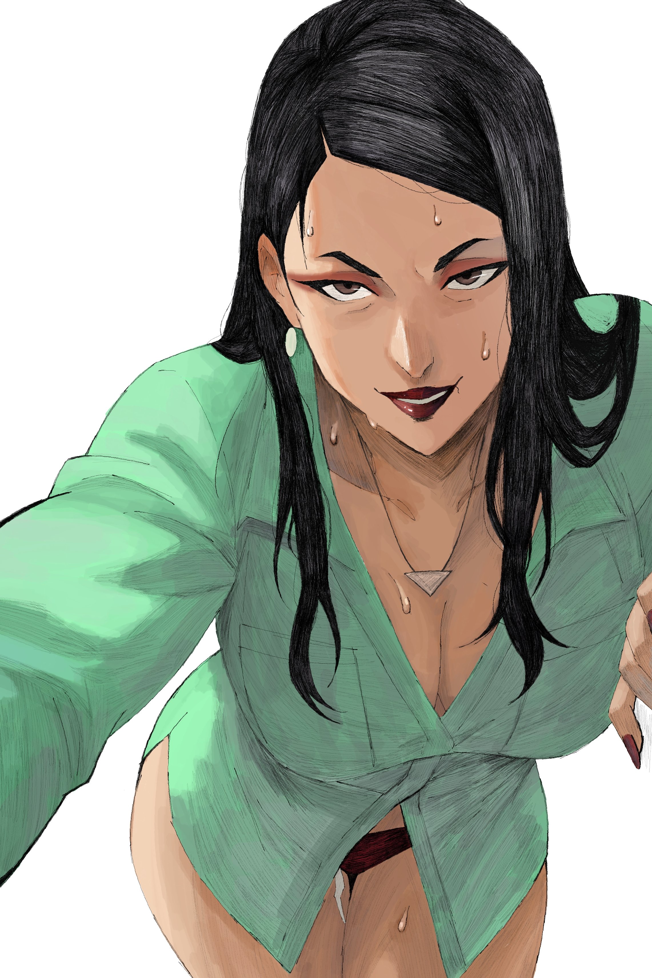 1girls, 2d, 2d (artwork), alternate hairstyle, alternate version available, asian, asian female, big breasts, black hair, black panties, breasts, breedable hips, brown eyes, cleavage, clothed, clothing, dark hair, debbie grayson, earrings, eyeshadow, female, female only, fully clothed, green shirt, hex mamaniac, hourglass figure, hourglass figured female, image comics, invincible, invincible (tv series), leaning forward, lipstick, long hair, long nails, looking at viewer, mature female, milf, mother, nail polish, necklace, no pants, panties, red eyeshadow, red lips, red lipstick, red nail polish, red nails, shirt, slim waist, smile, smiling, smiling at viewer, smirking, smirking at viewer, solid color background, solo, solo female, standing, sweat, sweatdrop, sweating, thick thighs, white background, wide hips