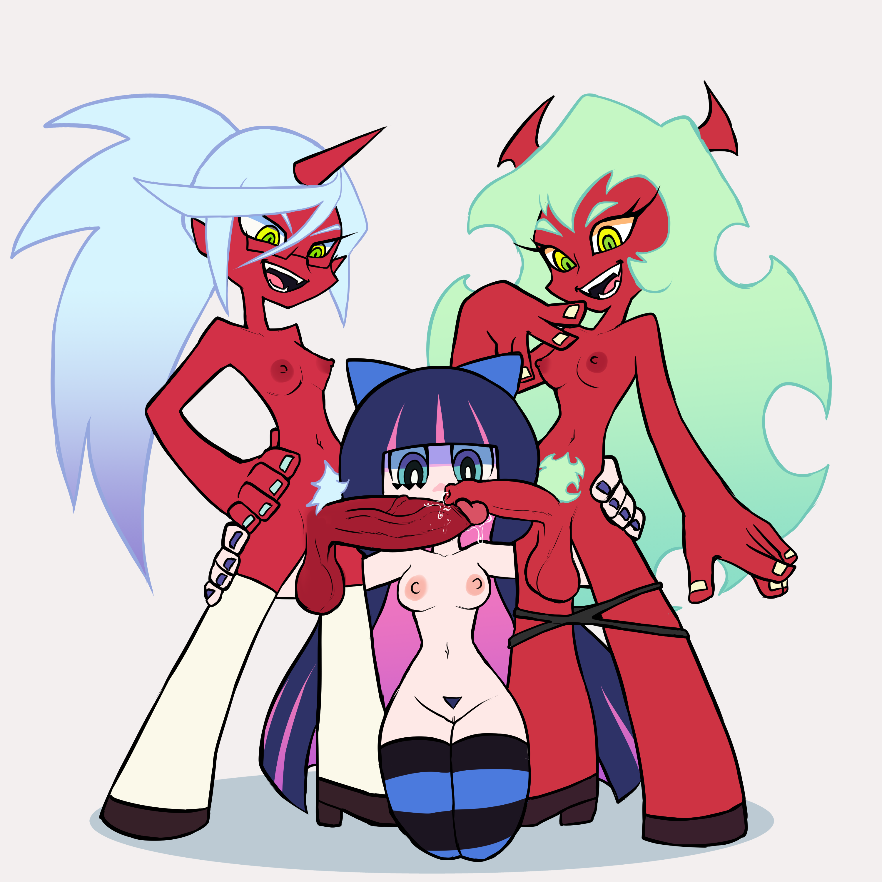 absurd res, accurate art style, angel, balls, big penis, bodily fluids, clothing, demon, female, foreskin, futanari, genital fluids, genitals, glans, group, gynomorph, hair, hexecat, hi res, horn, humanoid, intersex, intersex/female, kneesocks daemon, legwear, long hair, nipples, nude, on model, panty & stocking with garterbelt, panty and stocking with garterbelt, penis, ponytail, precum, pube, red body, red skin, scanty daemon, stocking anarchy, stockings, thong, trio, underwear, vein, veiny penis
