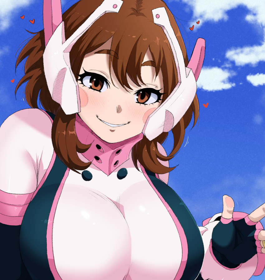 1girl, blue bodysuit, blue sky, blush stickers, bodysuit, boku no hero academia, boku no hero academia (finale), breasts, brown eyes, brown hair, day, headset, heart, hero outfit (mha), highres, huge breasts, light blush, looking at viewer, multicolored bodysuit, my hero academia, my hero academia (finale), ochako uraraka, outdoors, pink bodysuit, post-timeskip, sky, solo, superhero costume, tidal (artist), time skip, uraraka ochako