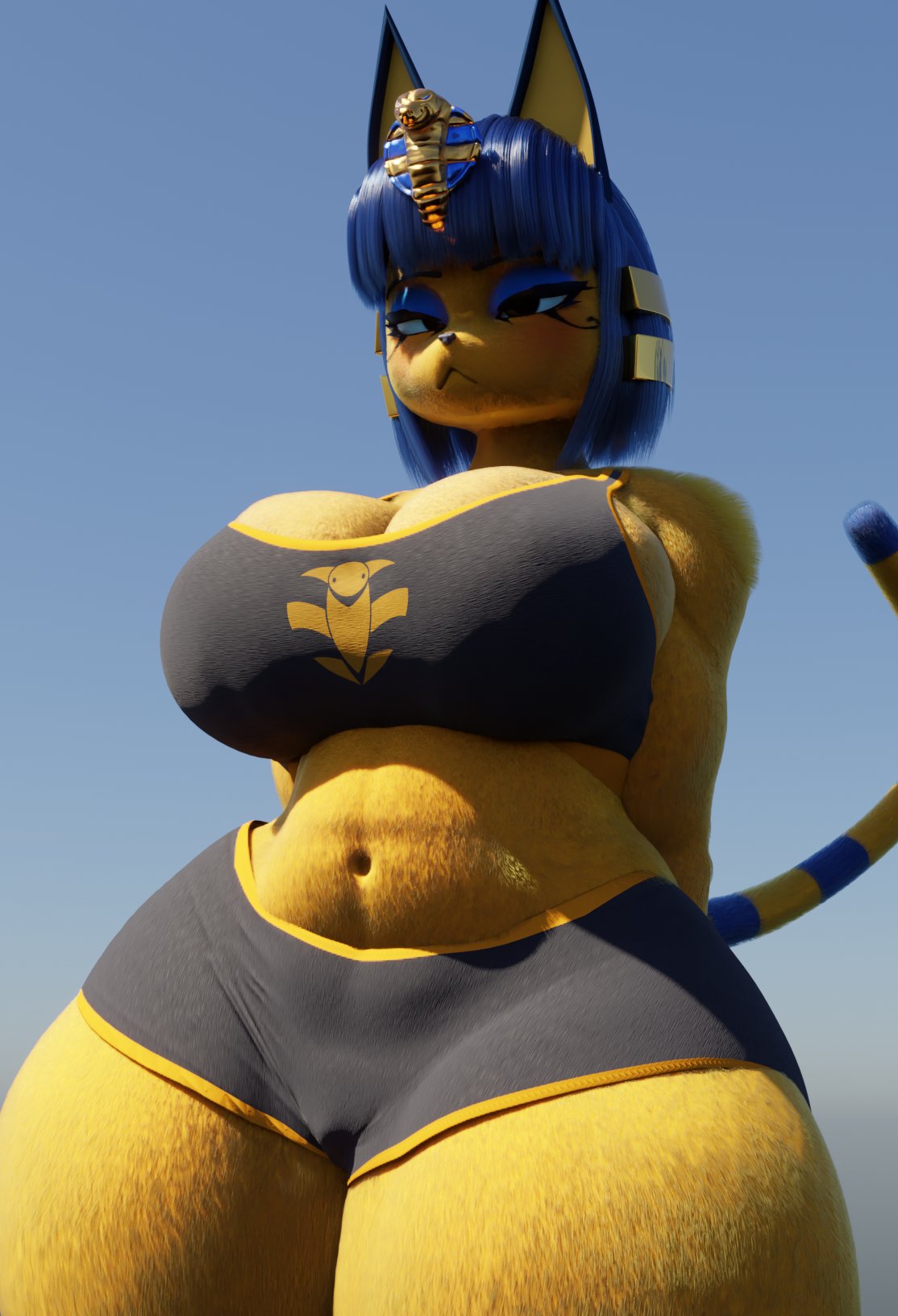 1girls, 3d, animal crossing, ankha, ankha (animal crossing), ankha (scrag boy), big breasts, blue hair, blush, breasts, cat ears, cat girl, cat tail, cleavage, crop top, hands behind back, huge breasts, large breasts, makeup, navel, palmtreerothic, scrag boy (model), short hair, shorts, sideboob, slim waist, tagme, thick thighs, thunder thighs, tight clothing, topwear, voluptuous, wide hips, yellow fur