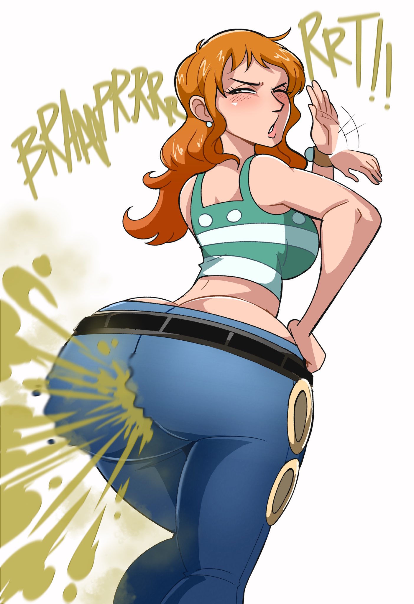 1girls, 2020s, 2026, 2026s, ass, ass bigger than head, ass cleavage, ass ripple, ass ripples, digital drawing (artwork), digital media (artwork), eproctophillia, eyes closed, fanning face, fanning self, fart, fart cloud, fart fetish, fart ripple, farting, female, female focus, female only, fetish, gassy, gassy ass, gassy female, hourglass figure, hourglass figured female, jpeg, nami, nami (one piece), nami (post-timeskip), no background, one piece, onomatopoeia, orange hair, orange hair female, post timeskip, same artist different name, simple background, solo, solo female, solo focus, twitter link, voluptuous, voluptuous body, voluptuous female, white background, xee, xeenitsu, zeeny