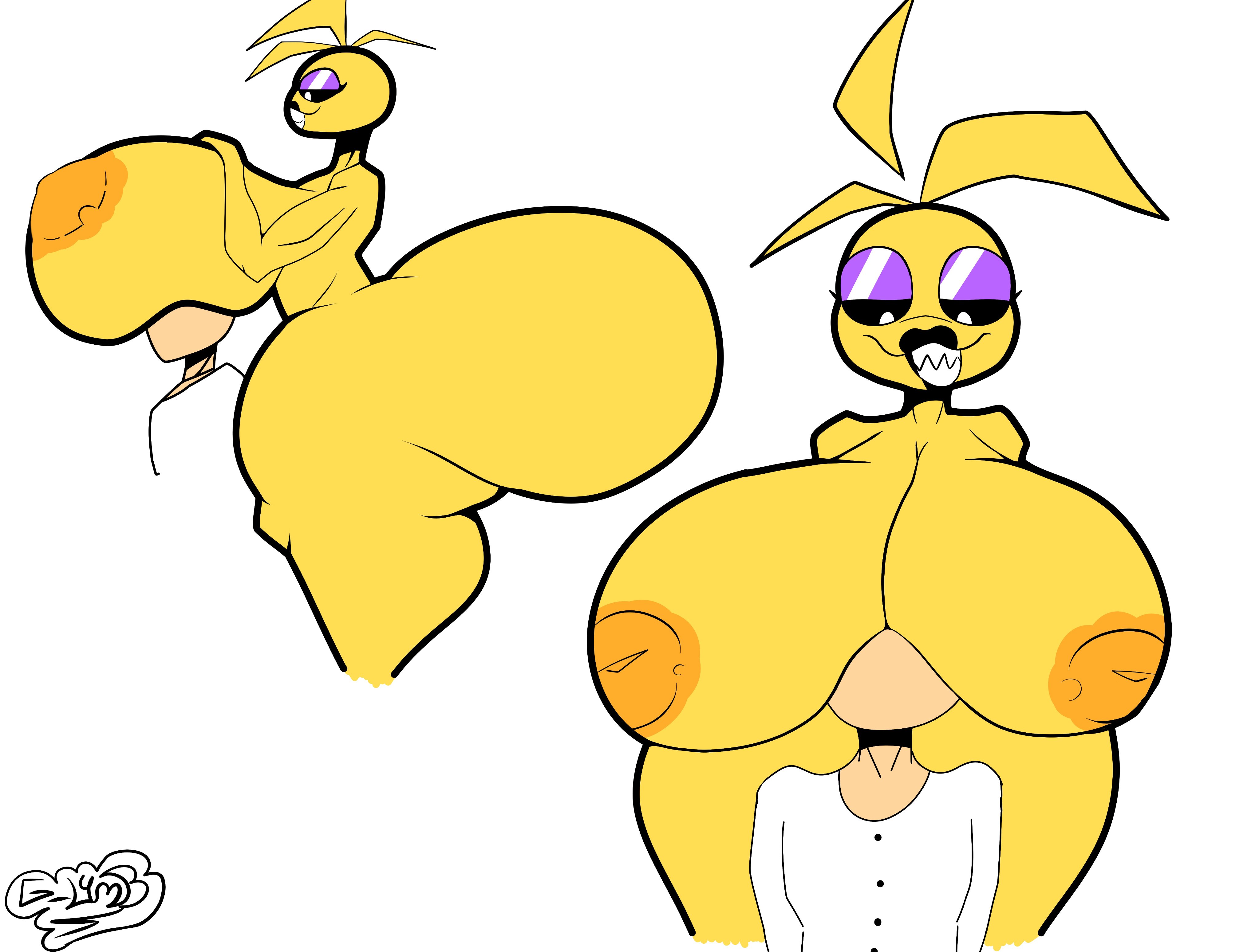1boy, 1girls, animatronic, animatronic female, artist signature, ass bigger than head, beakless, big ass, big breasts, black lipstick, boobs on face, boobs on head, breasts, breasts bigger than head, breasts out, chicken, chicken girl, female, five nights at freddy's, five nights at freddy's 2, fnaf, g l4mb, human, hyper, hyper ass, hyper breasts, phasianid, robot, robot girl, scottgames, straight, toy chica (fnaf), yellow, yellow skin
