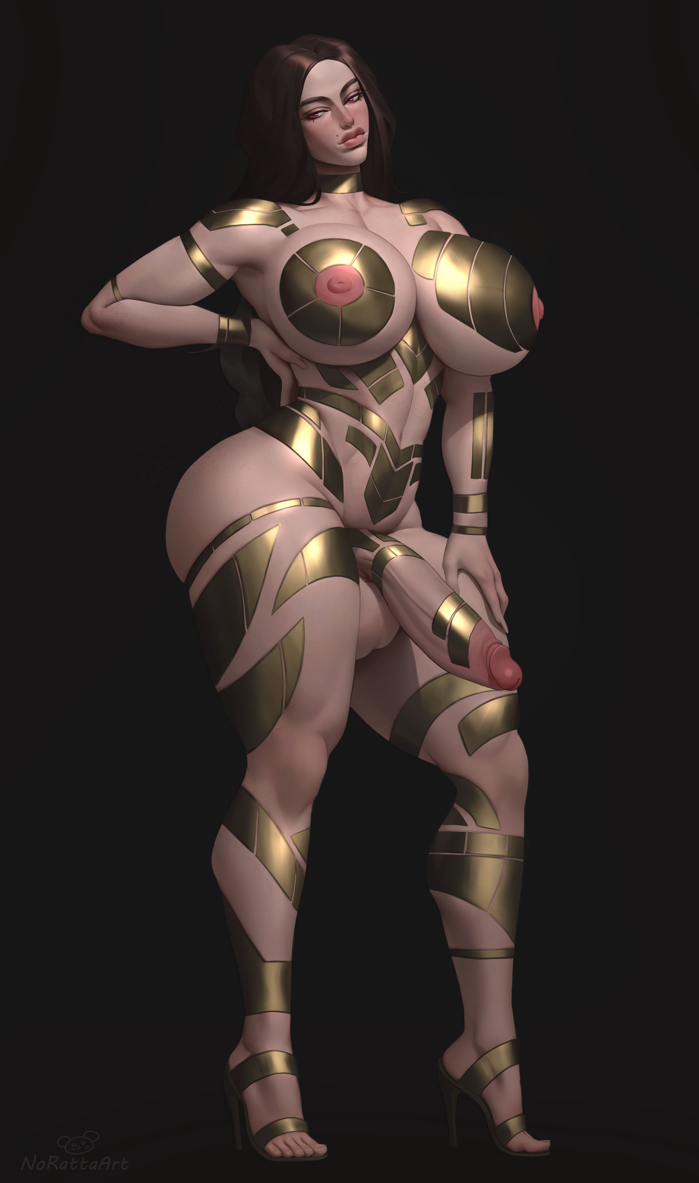 1futa, 2026, absurd res, areolae, balls, big breasts, big thighs, black background, brown hair, child bearing hips, fit, fit futa, full body, futa only, futanari, heels, high heels, huge breasts, iryna (shevolution), long hair, looking at viewer, mole, mole above mouth, narrowed eyes, nipples, norattaart, penis, pink eyes, simple background, solo, thick thighs, toned, toned futa, wide hips