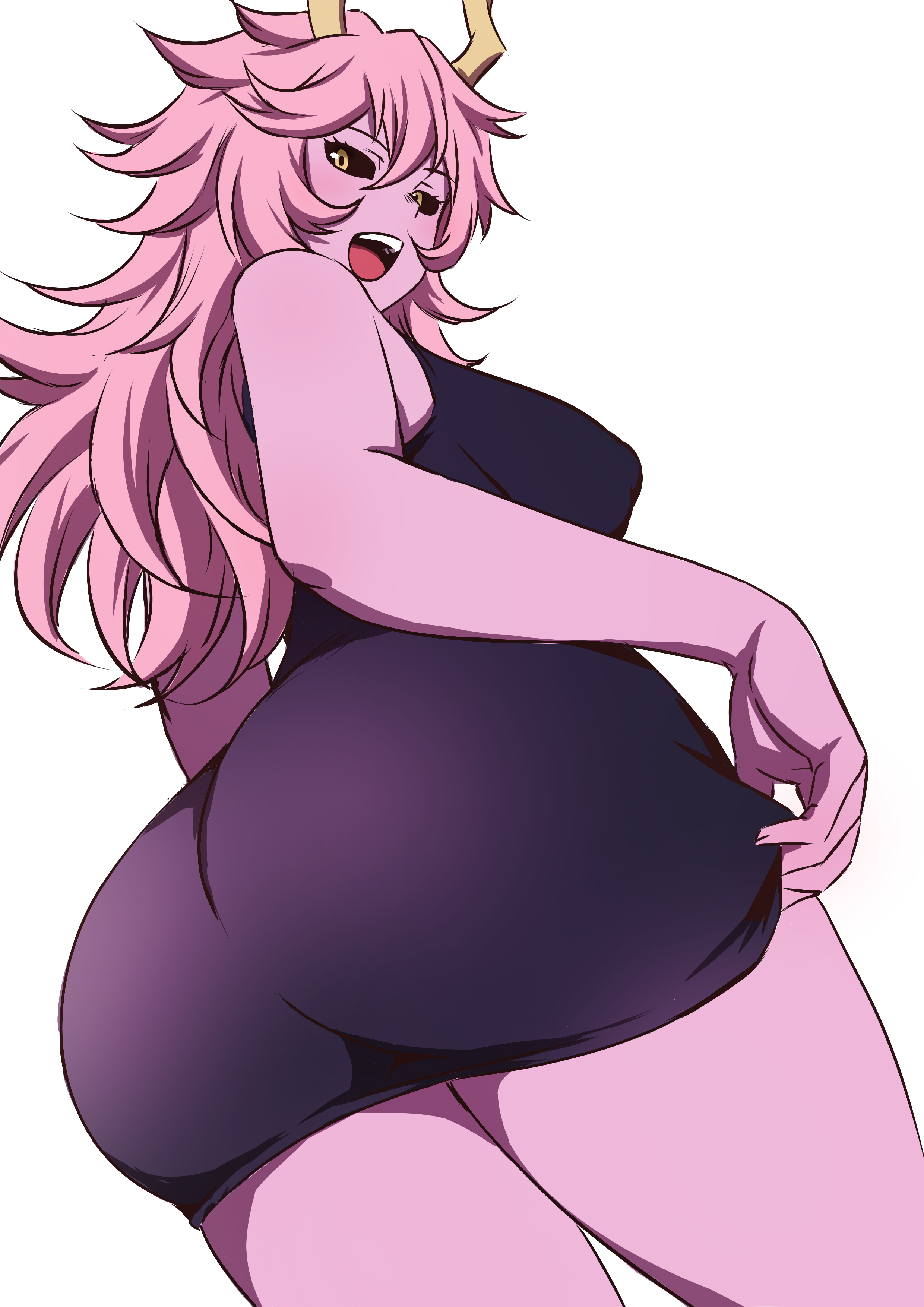1girl, 1girls, absurdres, adult female, ashido mina, ashido mina time-skip, ass, back, big ass, black dress, black sclera, boku no hero academia, box wonderland, breasts, dress, feet out of frame, highres, horns, large breasts, long hair, looking back, mina ashido, mina ashido curvy (meme), mina ashido time-skip, my hero academia, my hero academia (finale), open mouth, pink body, pink eyes, pink hair, post-timeskip, simple background, solo, standing, thick thighs, white background, yellow eyes, young adult female