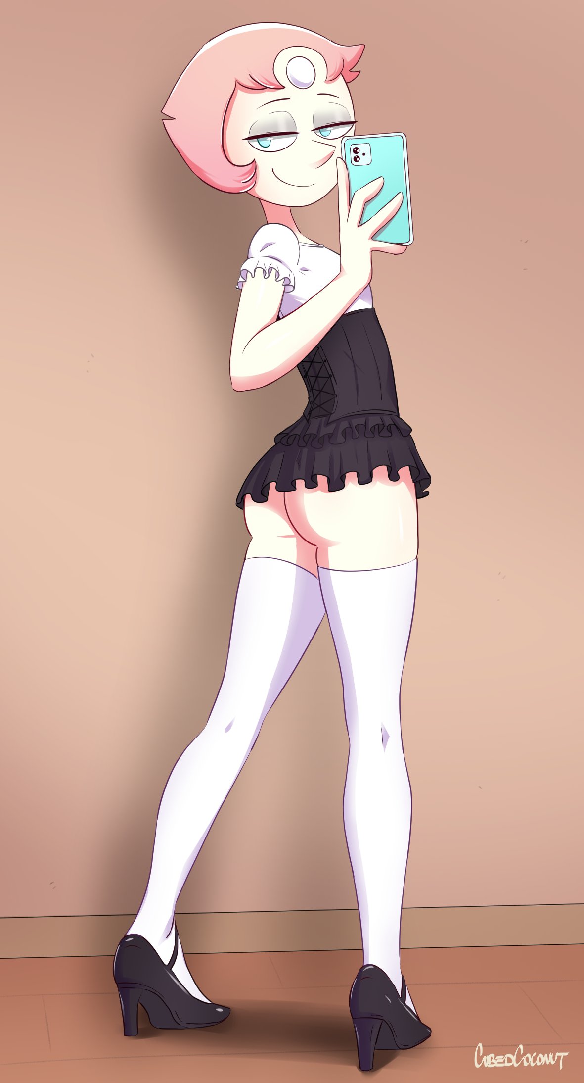 1girls, 2023, alternate version available, ass, ass cleavage, big ass, black dress, blonde hair, blue eyes, clothing, cubedcoconut, dress, female, female only, flat chest, flat chested, footwear, forehead jewel, full body, hair, half-closed eyes, heels, high heels, holding object, holding phone, legwear, pearl (steven universe), phone, pointy nose, pose, posing, selfie, short dress, short hair, smile, solo, solo female, steven universe, thighhighs, thighs, white thighhighs