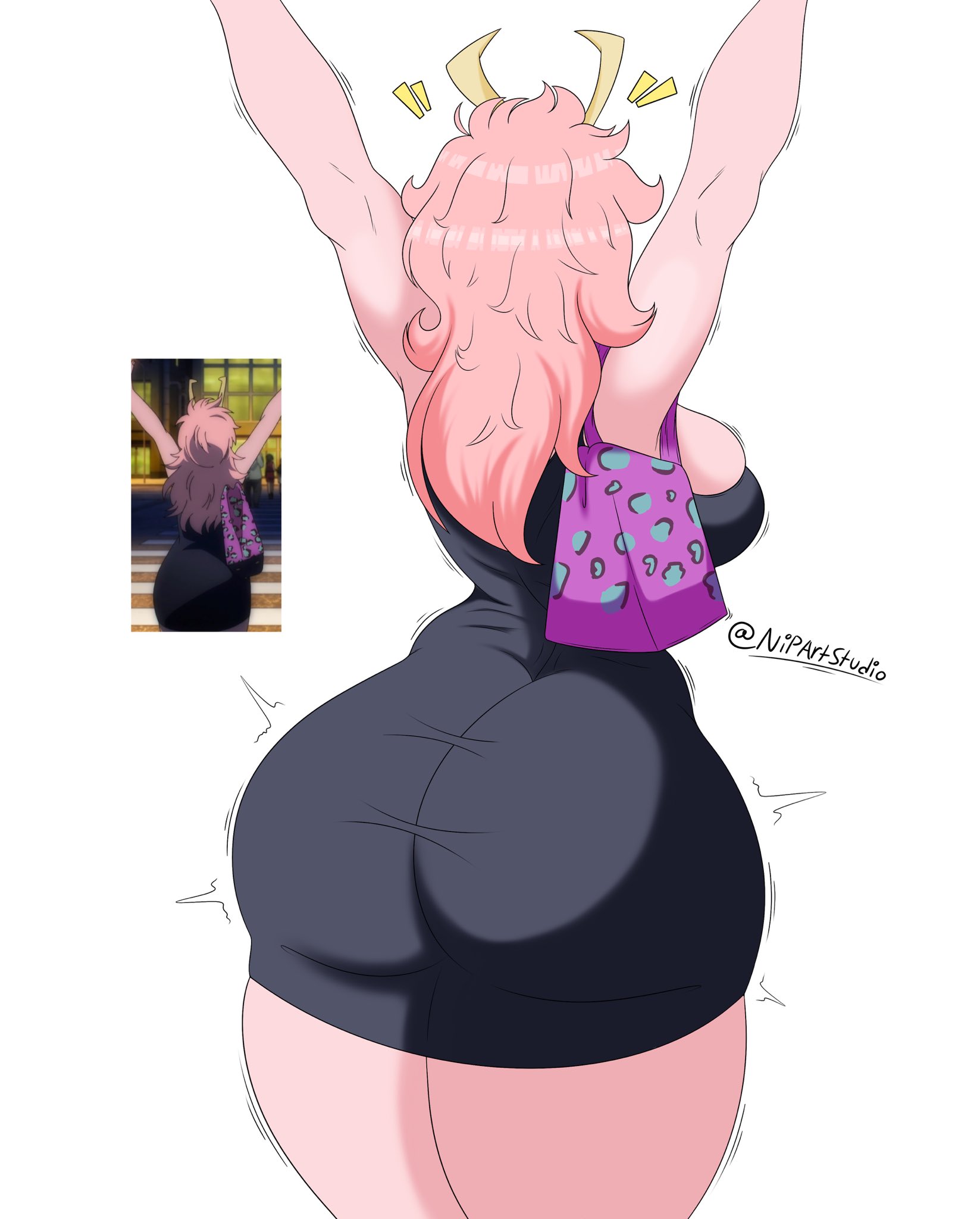 1girls, arms up, artist name, artist request, ashido mina, ashido mina time-skip, ass, ass bigger than head, ass bigger than torso, ass focus, ass in dress, big ass, boku no hero academia, boku no hero academia (finale), bubble ass, bubble butt, dress, fat ass, female, female only, gluteal fold, handbag, horns, huge ass, large ass, massive ass, milf, mina ashido, mina ashido time-skip, my hero academia, my hero academia (finale), oversized butt, pink hair, pink skin, png, post-timeskip, rear view, reference image, screenshot insert, solo, thick ass, thick thighs, thunder thighs, wide hips