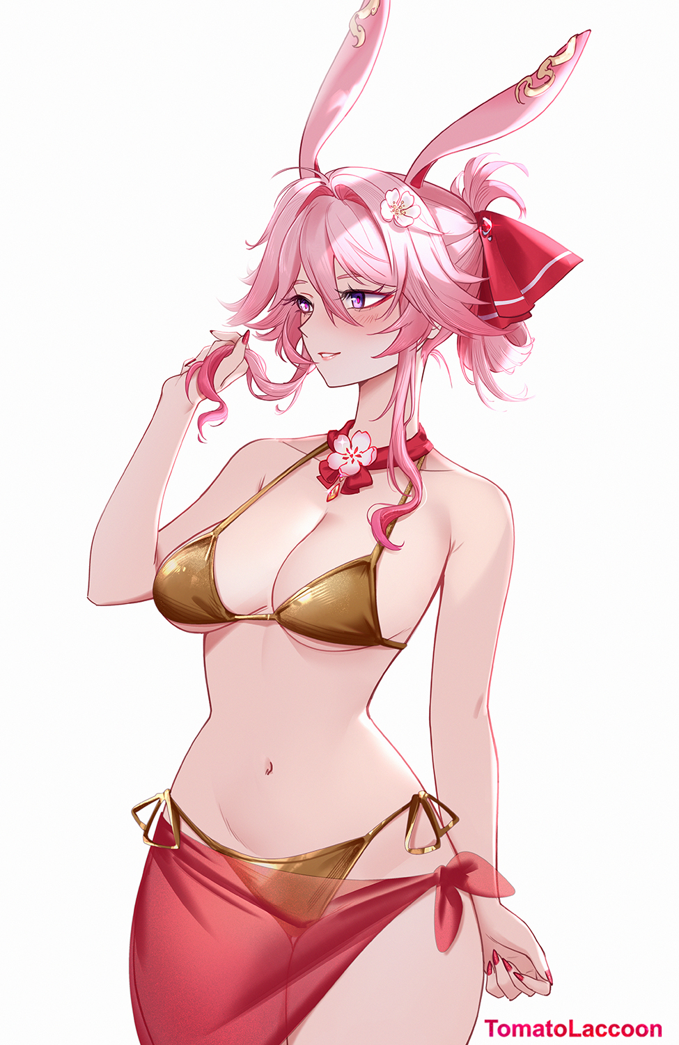 1girls, bikini, breasts, evanescia (honkai: star rail), exposed breasts, female, golden bikini, honkai: star rail, hoyoverse, long hair, mihoyo, pink hair, purple eyes, rabbit ears, tomatolaccoon