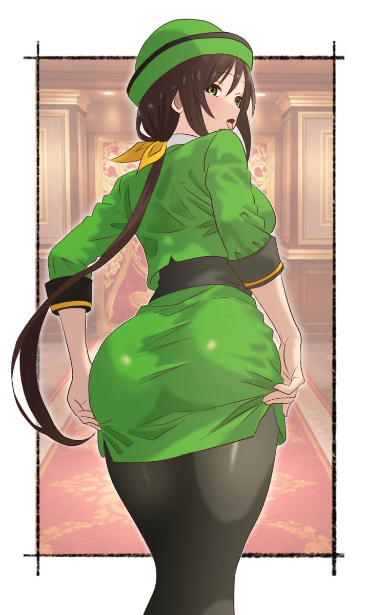 1girl, 1girls, artist request, ass, bowler hat, brown hair, commentary, english commentary, formal clothes, from behind, green hat, green jacket, green skirt, hat, hayakawa tazuna, highres, himahari neru, jacket, light-skinned female, long hair, looking at viewer, looking back, low ponytail, pantyhose, pencil skirt, ponytail, skirt, skirt suit, slim waist, solo, suit, umamusume, umamusume pretty derby