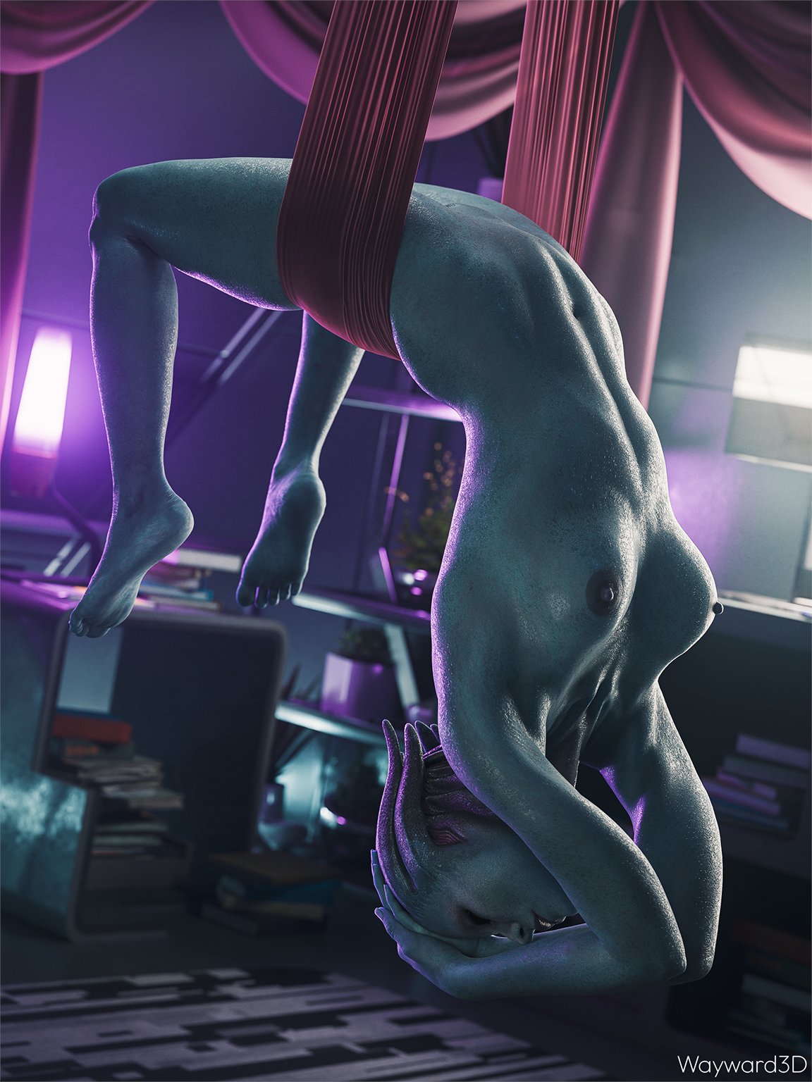 1girls, 3d, alien, armpits, asari, bioware, blue skin, breasts, closed eyes, feet, female, female only, mass effect, morinth, nude, soles, solo, solo female, suspended, waywardsfm