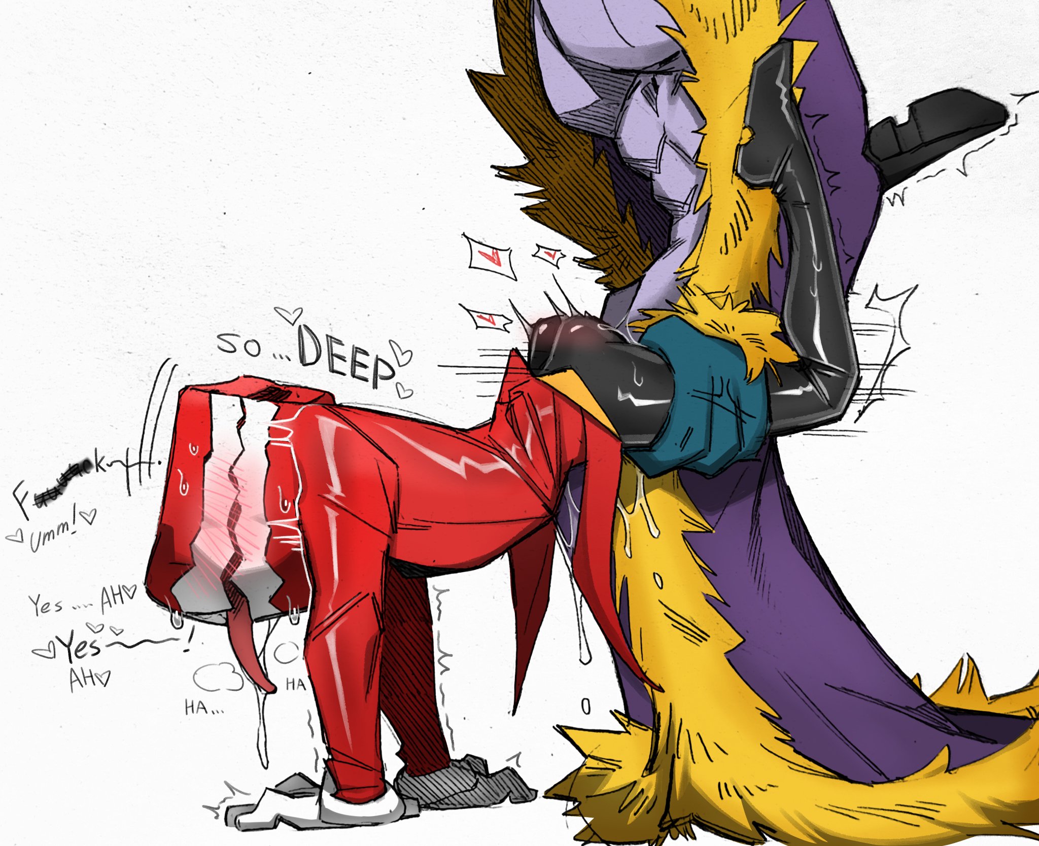 blushing, caine (the amazing digital circus), coach dictatorer (the amazing digital circus), dripping, male only, moaning, penetration, sweating, the amazing digital circus, yaoi