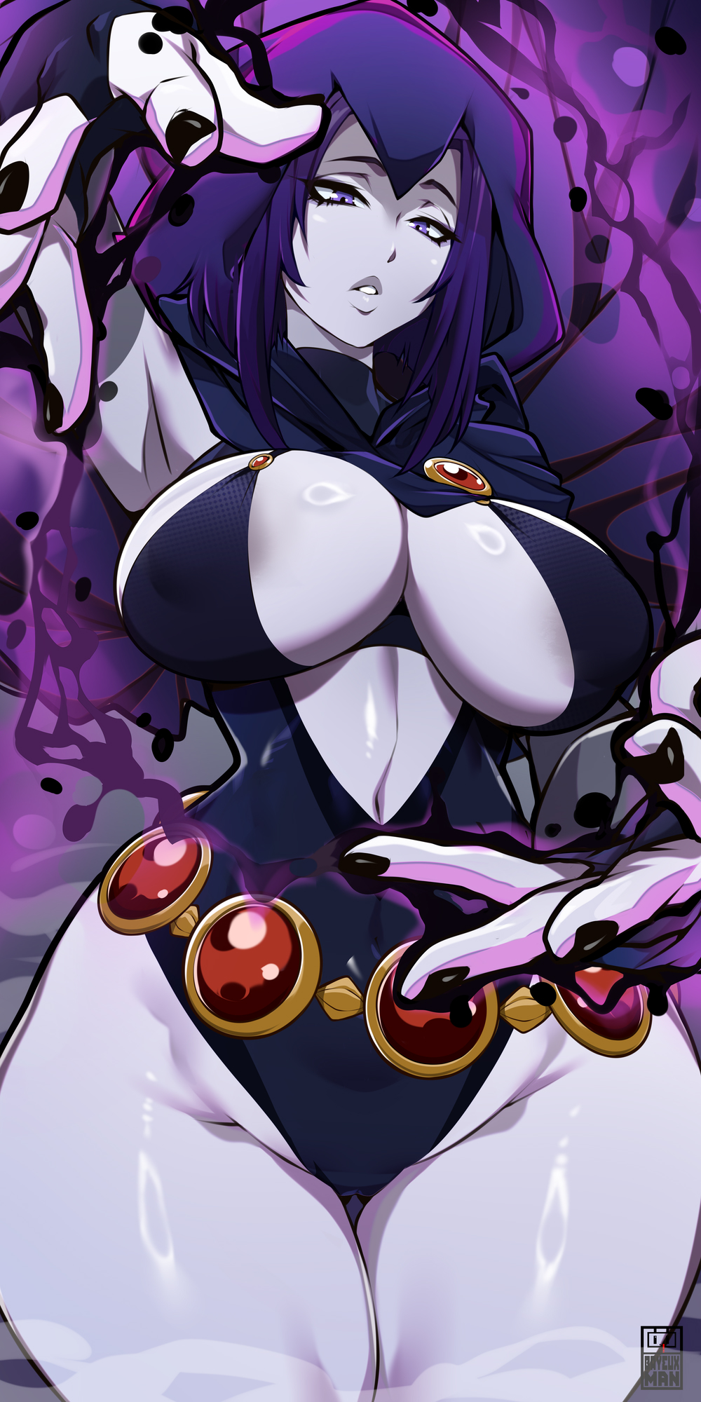1girl, areola slip, arm up, armpits, bayeuxman, belly chain, black leotard, black nails, breasts, cape, cleavage, cloak, colored skin, commentary request, curvy, dc comics, fingernails, grey skin, highres, jewelry, large breasts, leotard, lips, looking at viewer, nail polish, narrow waist, navel, outstretched arms, plump, purple cape, purple cloak, purple eyes, purple hair, raven (dc), short hair, sleeved leotard, solo, superhero costume, tamaranean, teen titans, thick thighs, thighs, umbrakinesis, wide hips