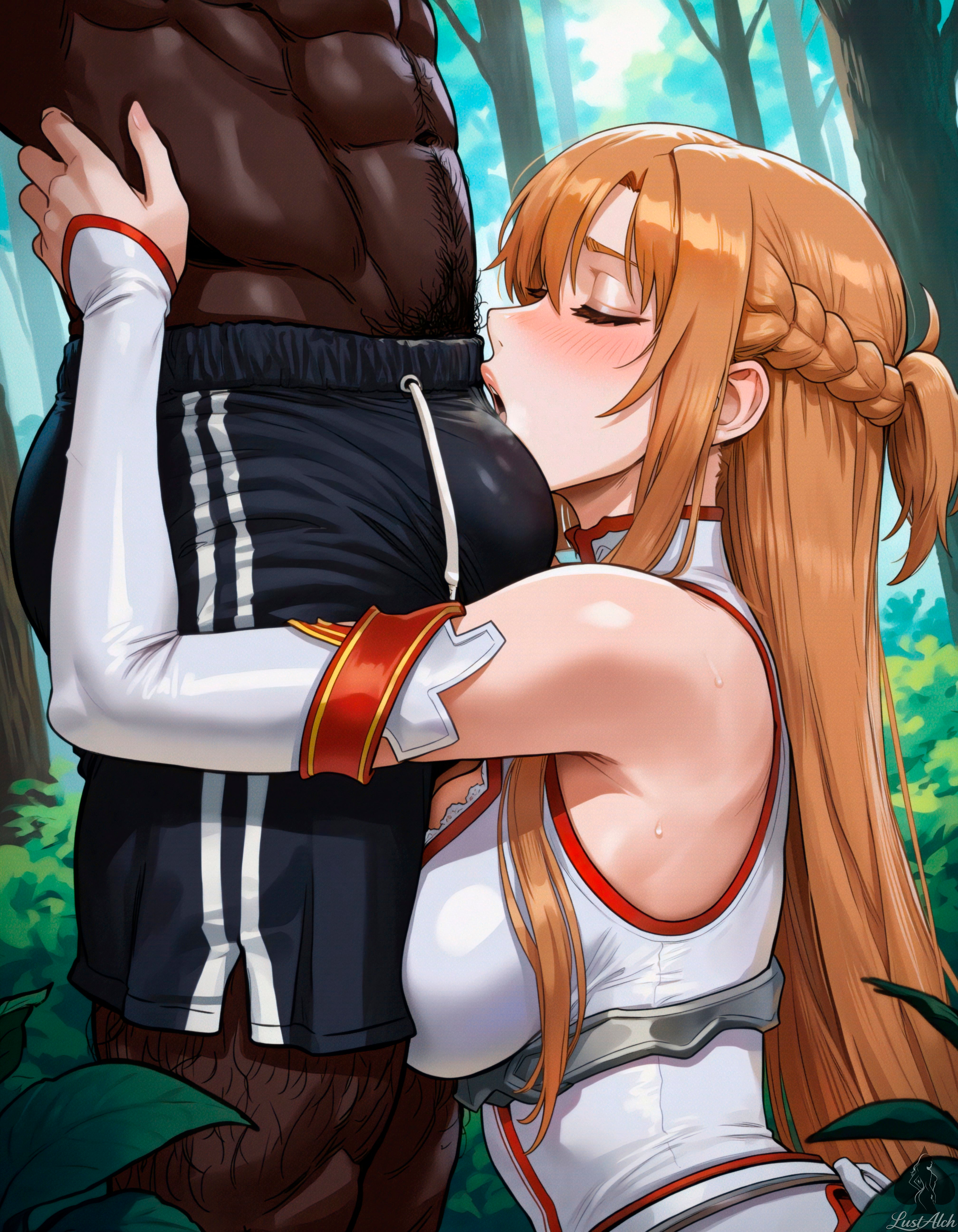 1boy, 1girls, 2025, 2d, abs, ai art, ai generated, arms wrapped around legs, arms wrapped around partner, aroused, before sex, blowjob through clothes, blush, blush lines, boner, boner in pants, boner under, breasts, breasts against legs, breasts pressed against partner, bulge, bulge in face, bulge kiss, bulge sniffing, bulge through clothing, bulge under clothes, bulge worship, clothes, cock, cock addict, cock bulge, cock drunk, cock lover, cock worship, dark skin, dark-skinned male, fellatio through bulge, fellatio through clothes, female, forest, hard bluge, horny, imminent fellatio, imminent oral, imminent sex, interracial, jellyfish cut, kissing penis, kissing penis through clothes, kneeling, kneeling down, kneeling female, kneeling on ground, kneeling oral position, kneeling position, larger male, light skin, light-skinned female, light-skinned male, long hair, lustalch, male, male/female, masculine, masculine male, muscular, muscular male, on her knees, on knees, open door, open mouth, pale skin, pale-skinned female, pants, pants bulge, pants smelling, pants sniffing, penis, penis bulge, penis sniffing, penis worship, pleasure, pleasure face, public, side view, smell, smell fetish, smelling, smelling penis, sniffing, sniffing penis, sniffing penis through clothes, straight, submissive, submissive female, sword art online, through clothes, yuuki asuna