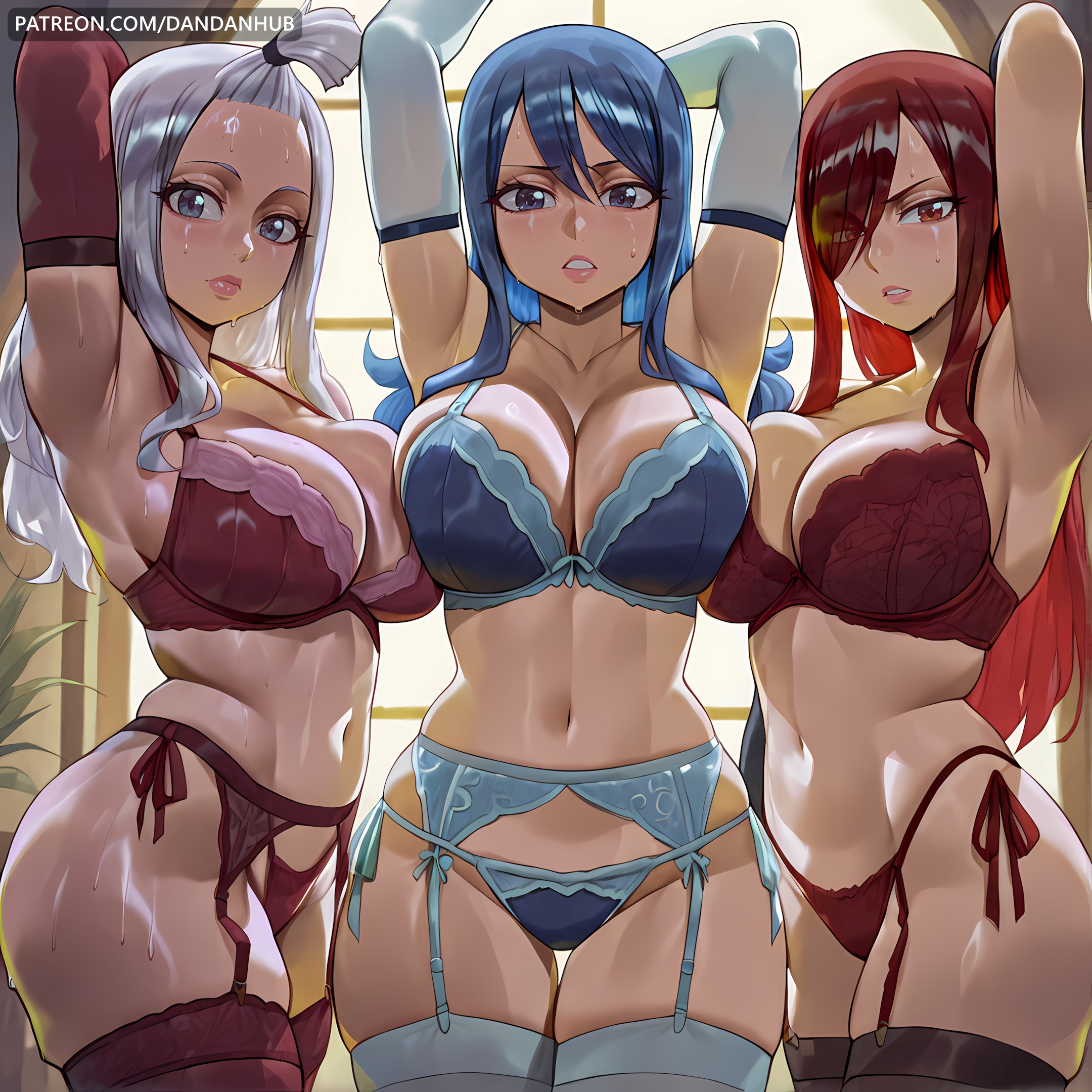 3girls, ai generated, armpits, arms up, blue bra, blue eyes, blue hair, blue panties, blue-haired female, bra, breast press, breasts, cleavage, dandanhub, elbow gloves, erza scarlet, fairy tail, female, female only, garter belt, gloves, hair over one eye, highleg, juvia lockser, large breasts, lingerie, lips, long hair, looking at viewer, mirajane strauss, multiple girls, navel, panties, parted lips, red bra, red eyes, red hair, red panties, red-haired female, sweat, thighhighs, thighs, underwear, underwear only, white gloves, white hair, white-haired female, window