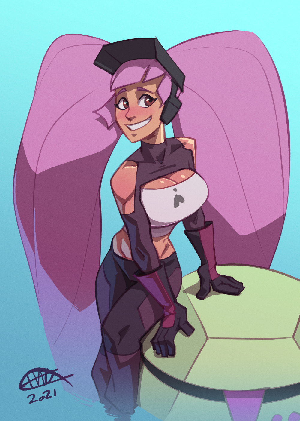 1girls 1robot 2d absurdly_long_hair big_hair blush boob_window breasts brown_eyes cleavage_cutout clothed clothing crop_top dark-skinned_female emily_(she-ra) entrapta female female_focus female_only gloves grin hagfish highres large_breasts long_sleeves long_twintails looking_to_the_side purple_hair robot she-ra_and_the_princesses_of_power shoulder_cutout smile solo solo_female tagme thighs twintails very_long_hair