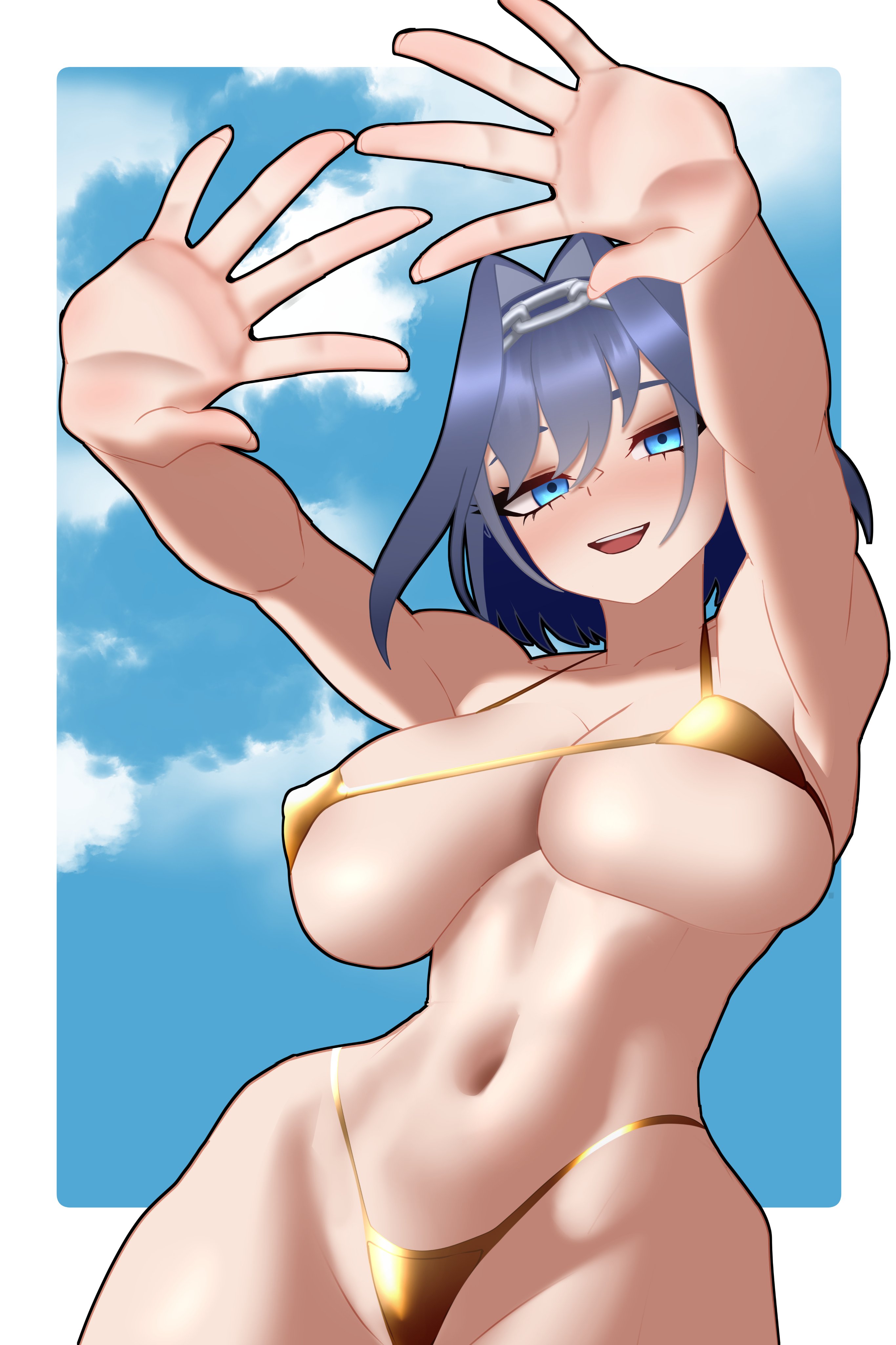 1girls, beach, big breasts, bikini, blue eyes, blue hair, breasts, curvy, curvy body, curvy figure, fanart, female, female only, gold bikini, golden bikini, golden week, hands casting shadow, hispanic virtual youtuber, hololive, hololive english, latam virtual youtuber, light skin, light-skinned female, n4hkz, navel, ouro kronii, solo, thighs, virtual youtuber, vtuber, vtuberfanart