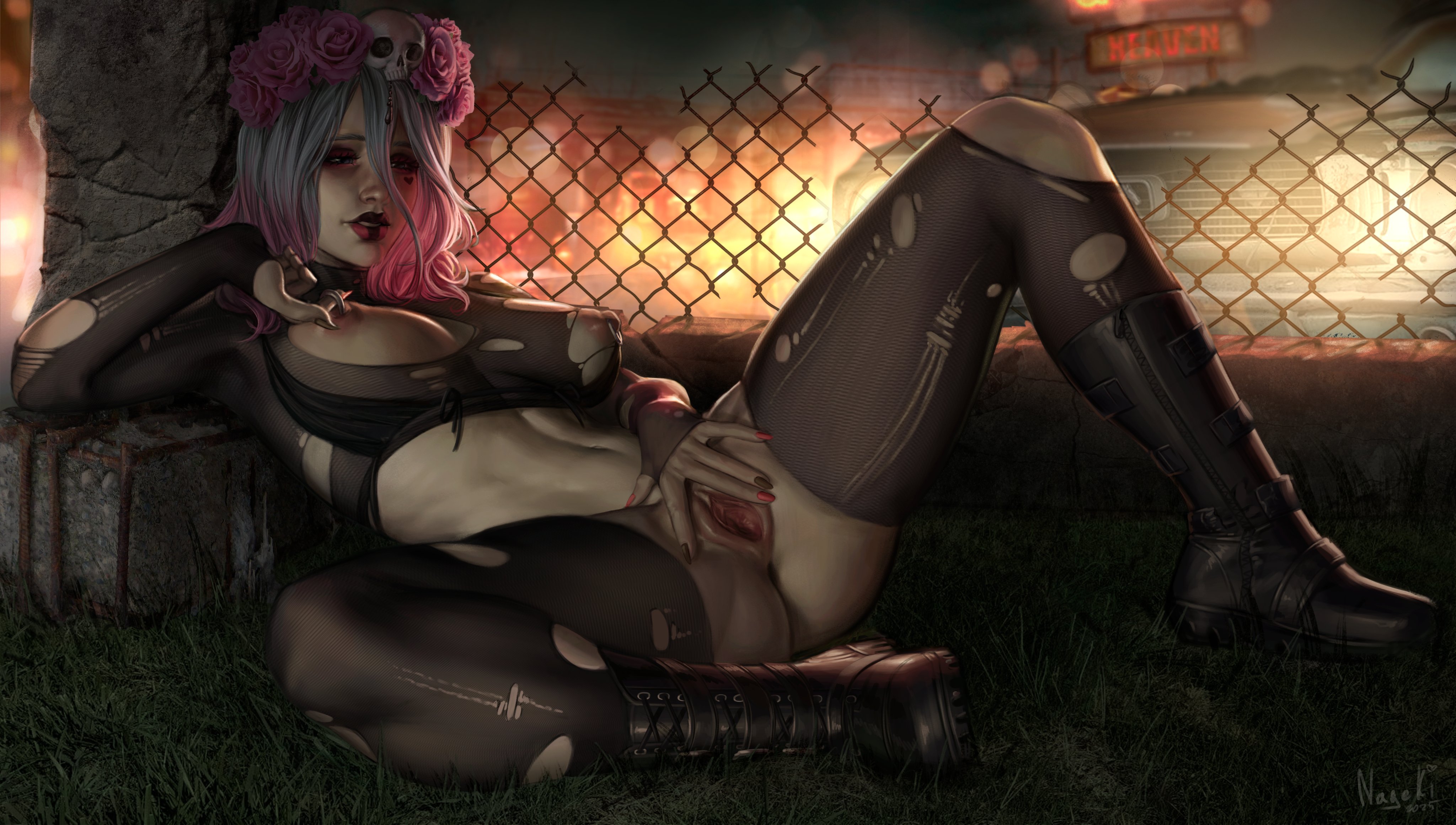 1girls, 2025, 2d, absurd res, areolae, ass, boots, breasts, dbd, dead by daylight, detailed background, female, female only, flower crown, flower on head, functionally nude, heart tattoo, light skin, light-skinned female, lying, lying on back, lying on ground, nageki (artist), naked, naked female, naked footwear, narrowed eyes, nipple rings, nipples, no panties, nude, outdoors, pink hair, pussy, red lipstick, sable ward, solo, spread pussy, spreading, stockings, tattoo under eye, thick thighs, tits, torn clothes, torn legwear, two-tone hair, white hair