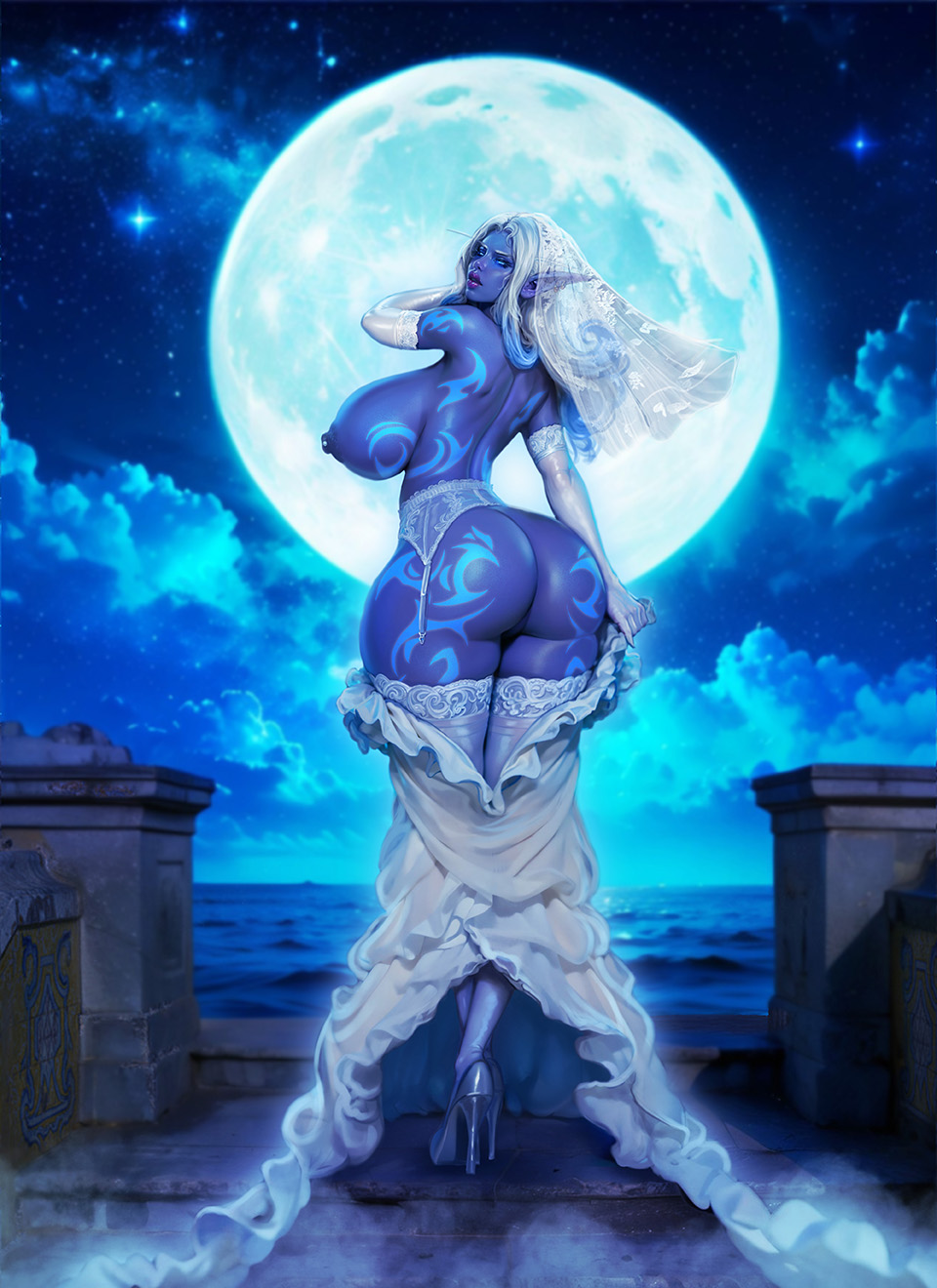 2025, areolae, armwear, aruin, ass, big ass, big breasts, blizzard entertainment, blue eyes, blue hair, blue skin, body markings, detailed background, dress down, elf, elf ears, elf female, full body, full moon, heels, hi res, high heels, long hair, looking at viewer, looking back, looking back at viewer, mister69m, nightborne, nipples, outdoors, rear view, stockings, thick ass, thick thighs, two-tone hair, warcraft, wedding dress, wedding veil, white armwear, white hair, world of warcraft