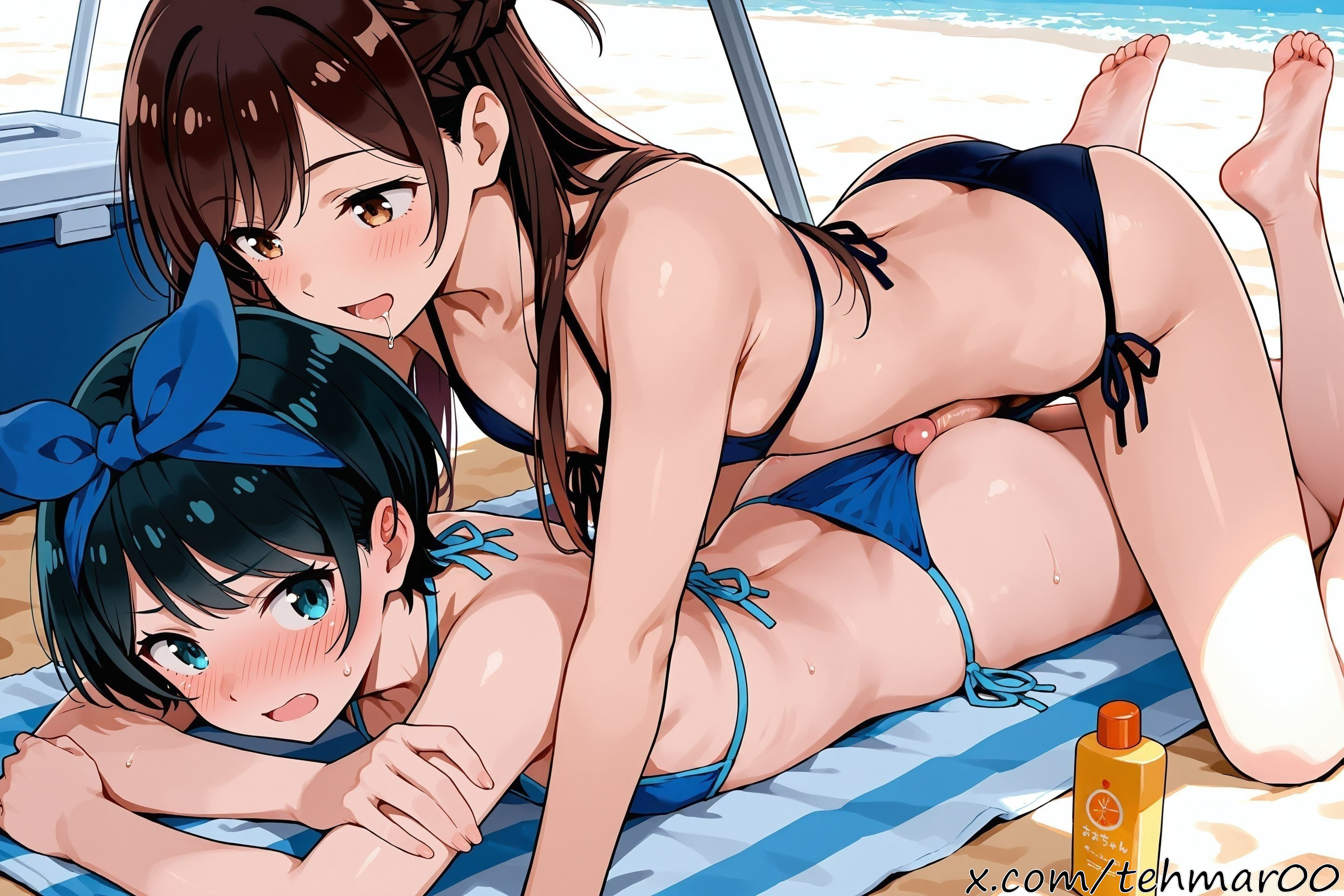 2boys, ai generated, ass, bangs, barefoot, beach, bikini, black hair, blue bikini, blue eyes, blush, bottle, braid, brown eyes, brown hair, day, eyebrows visible through hair, feet, femboy, genderswap, genderswap (ftm), hairband, kanojo okarishimasu, long hair, lying, male, mizuhara chizuru, on stomach, open mouth, outdoors, penis, penis between ass, ribbon, sand, sarashina ruka, short hair, side-tie bikini, smile, swimsuit, tehmar, tongue, towel, trans woman, transfem, trap