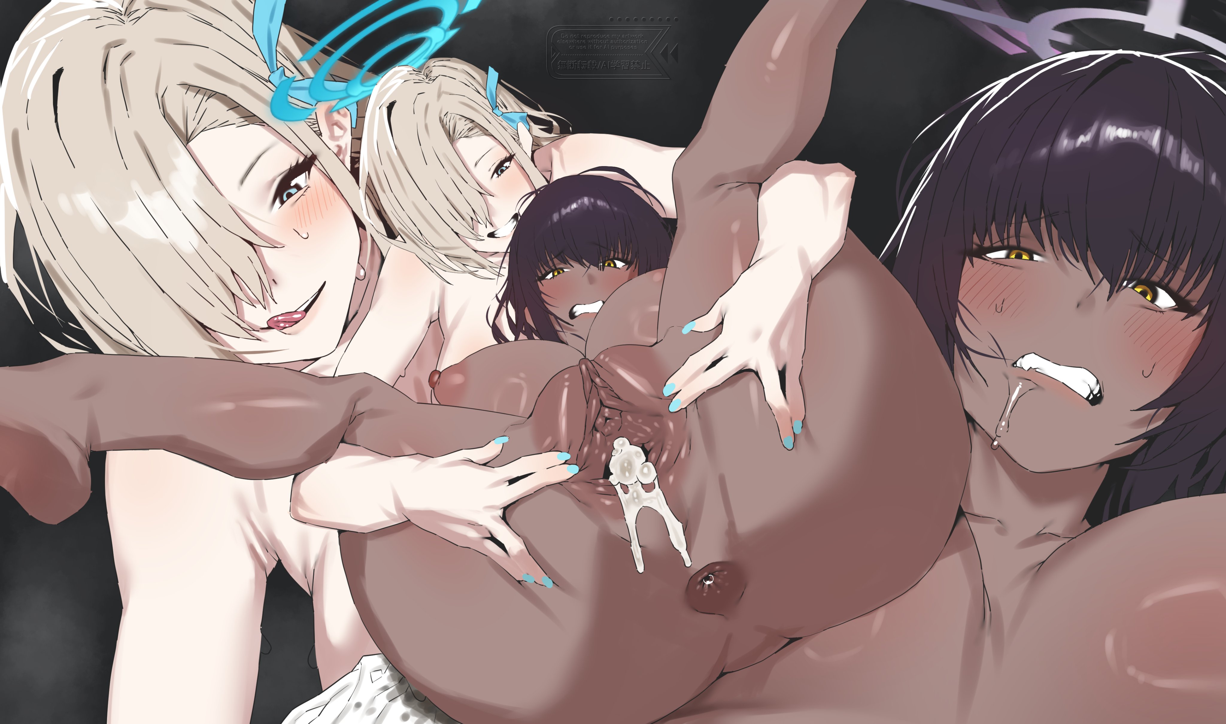 2d, 2girls, after sex, after vaginal, anal lube, anus, areolae, assisted exposure, asuna (blue archive), barefoot, big breasts, black hair, blonde hair, blue archive, blue eyes, blush, breasts, clenched teeth, completely nude, creampie, cum, cum drip, cum in pussy, cum inside, cum leaking, dark skin, dark-skinned female, displeased, drooling, dutch angle, eyelashes, female, female only, hair over one eye, hair ribbon, halo, hands under legs, highres, huge breasts, karin (blue archive), labia, large breasts, legs, legs apart, legs up, licking lips, light skin, light-skinned female, long hair, looking down, lying, nail polish, naked, nipples, nude, on back, peer pressure insemination, pussy, smile, spread legs, spread pussy, spreading, sweat, sweatdrop, tongue out, uncensored, unwanted creampie, urethra, vagina, voluptuous, yellow eyes
