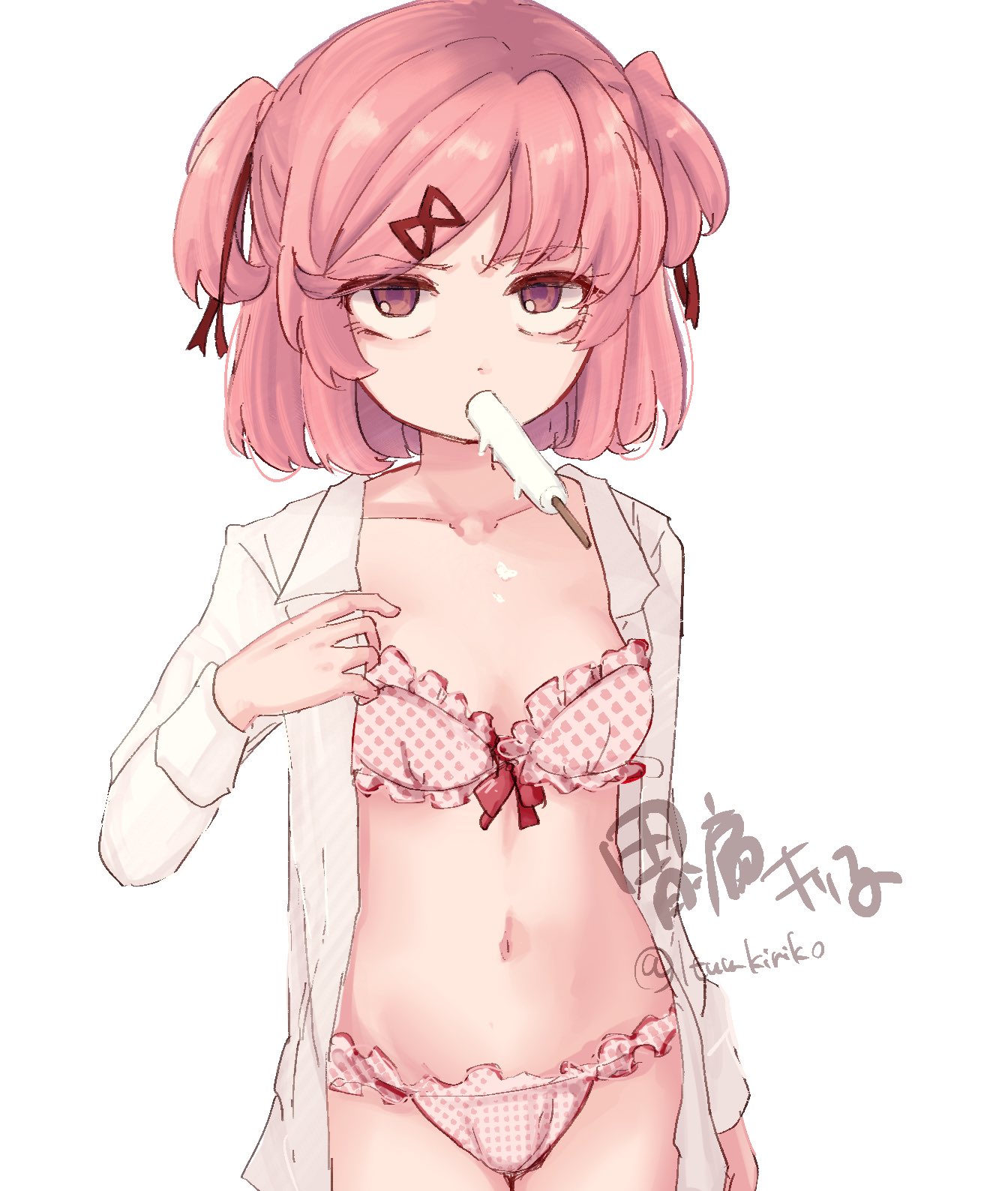 1girl, arm at side, artist name, bob cut, bow, bow bra, bra, breasts, collarbone, collared shirt, cowboy shot, ddlc, doki doki literature club, dress shirt, dripping, food, food in mouth, food on body, frilled bra, frilled panties, frills, furrowed brow, hair ornament, hair ribbon, highres, ituu kiriko, looking at viewer, loose hair strand, midriff, mouth hold, natsuki (doki doki literature club), navel, no pants, open clothes, open shirt, opened by self, panties, pink eyes, pink hair, polka dot, polka dot bra, polka dot panties, popsicle, questionable, questionable consent, red bow, red ribbon, ribbon, serenity forge, shirt, short hair, signature, simple background, small breasts, solo, standing, swept bangs, team salvato, tsundere, twitter username, two side up, underwear, undressing, upturned eyes, white background, white shirt, x hair ornament