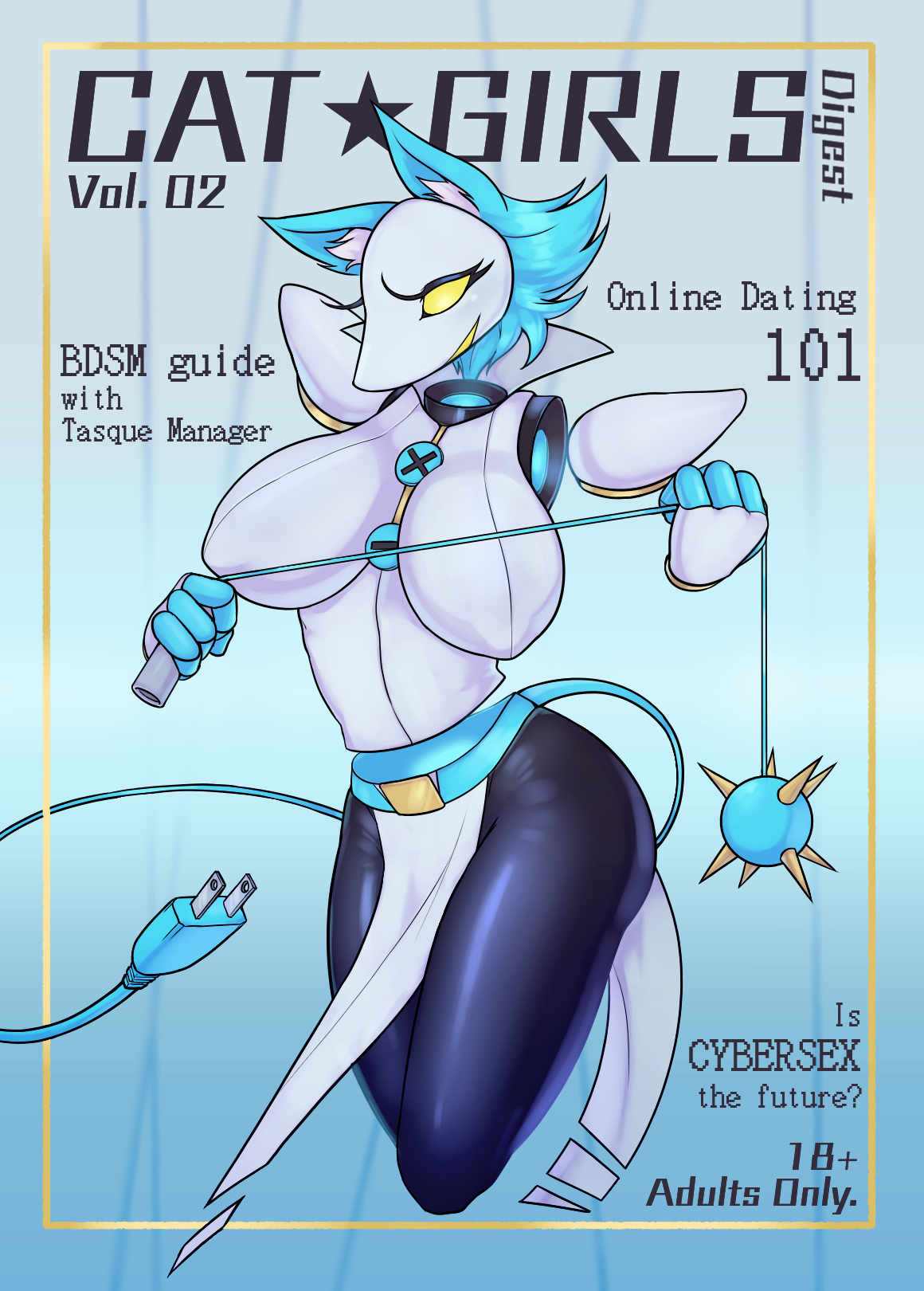 2022, anthro, big breasts, blue hair, breasts, cat ears, cover, deltarune, deltarune chapter 2, english text, female, female only, huge breasts, scuttlefish, solo, solo female, tasque manager (deltarune), text, thick thighs, thighs, whip