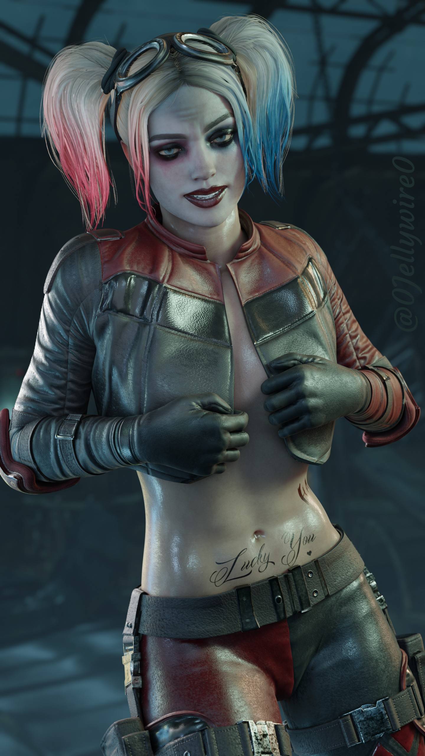 0jellywire0 1girls 3d abs athletic athletic_female batman_(series) belt blue_eyes breasts busty cropped_jacket dc dc_comics elbow_pads female female_focus female_only gloves goggles goggles_on_head harley_quinn harley_quinn_(injustice) hourglass_figure injustice_2 medium_breasts multicolored_hair no_bra pigtails solo straps tagme tattoo tattoo_on_belly tattoos tight_pants undressing wide_hips