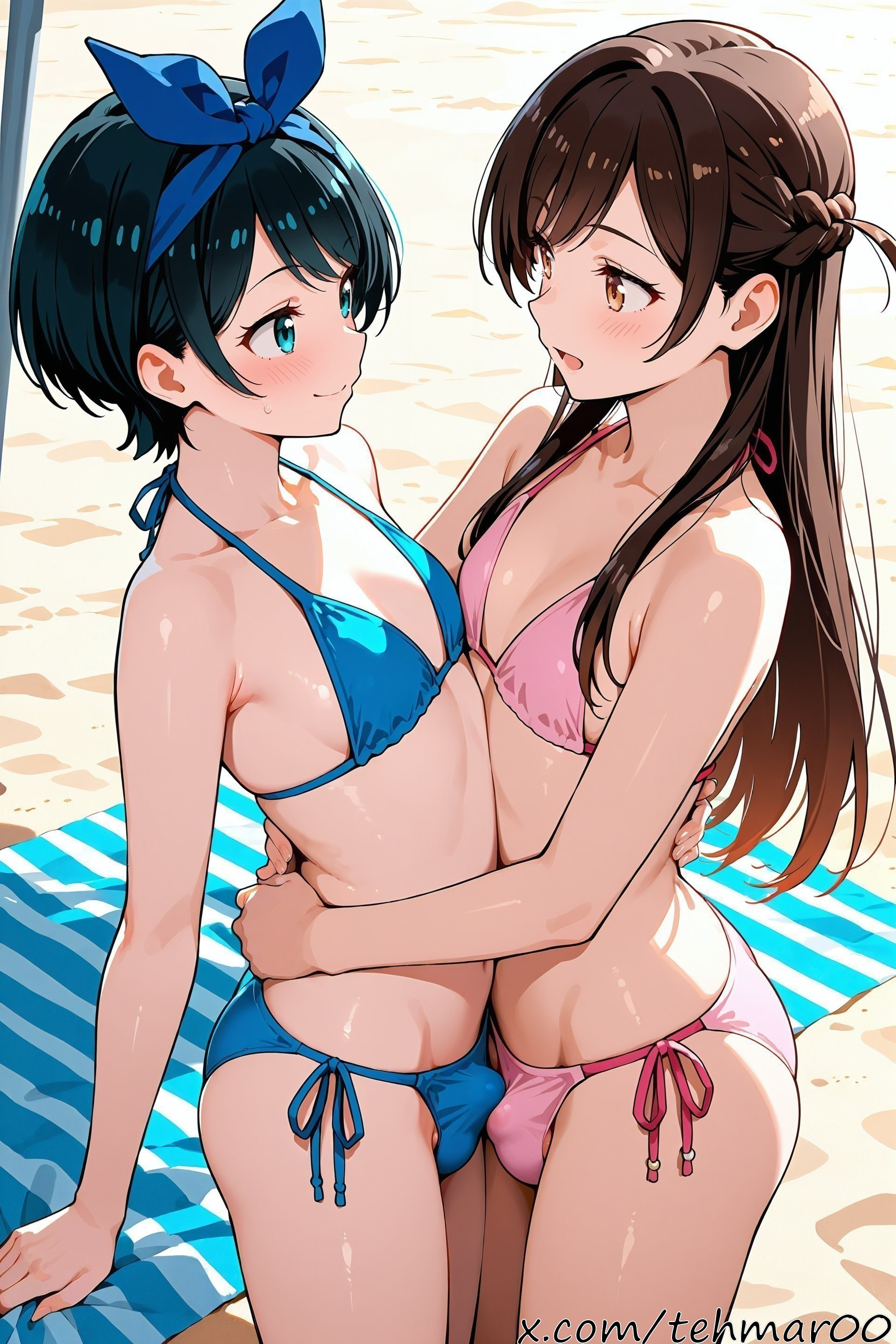2boys, ai generated, bangs, beach, beach towel, bikini, black hair, blue bikini, blue eyes, blue ribbon, blush, braid, brown eyes, brown hair, bulge, collarbone, eyebrows visible through hair, femboy, genderswap, genderswap (ftm), hair ribbon, hairband, hugging, kanojo okarishimasu, long hair, looking at another, male, mizuhara chizuru, open mouth, penises touching, pink bikini, ribbon, sand, sarashina ruka, short hair, side-tie bikini, smile, swimsuit, tehmar, trans woman, transfem, trap