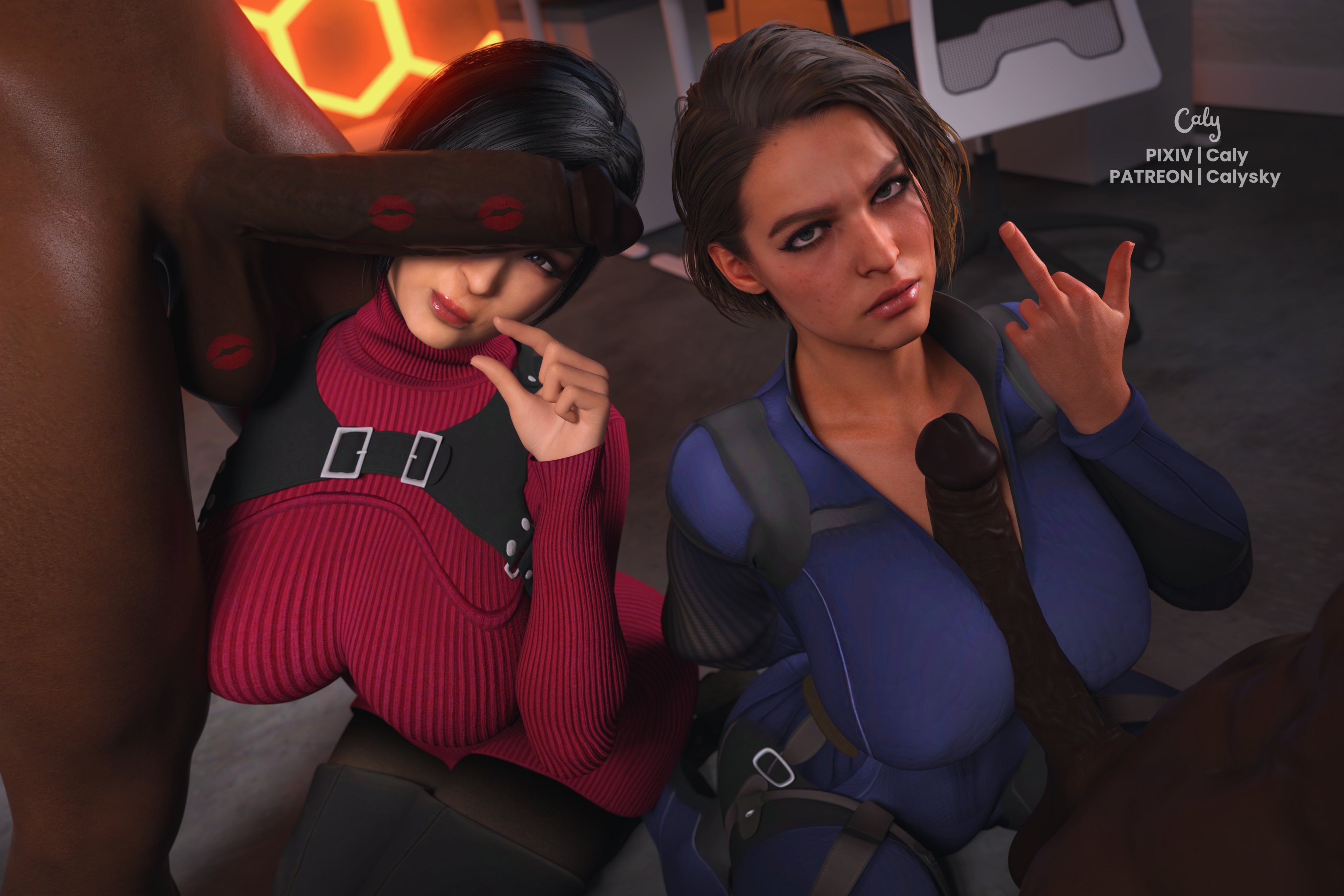 2boys, 2girls, 2girls2boys, 3d, 3d (artwork), ada wong, ada wong (adriana), asian, asian female, big breasts, black hair, brown hair, calysky, capcom, clothed female nude male, dark skin, dark-skinned male, huge cock, interracial, jill valentine, jill valentine (sasha zotova), light skin, light-skinned female, lipstick mark, lipstick on penis, looking at viewer, middle finger, paizuri, penis between breasts, penis on face, pinching gesture, raceplay, resident evil, resident evil 3, resident evil 3 remake, resident evil 4, resident evil 4 remake, small penis gesture, tagme