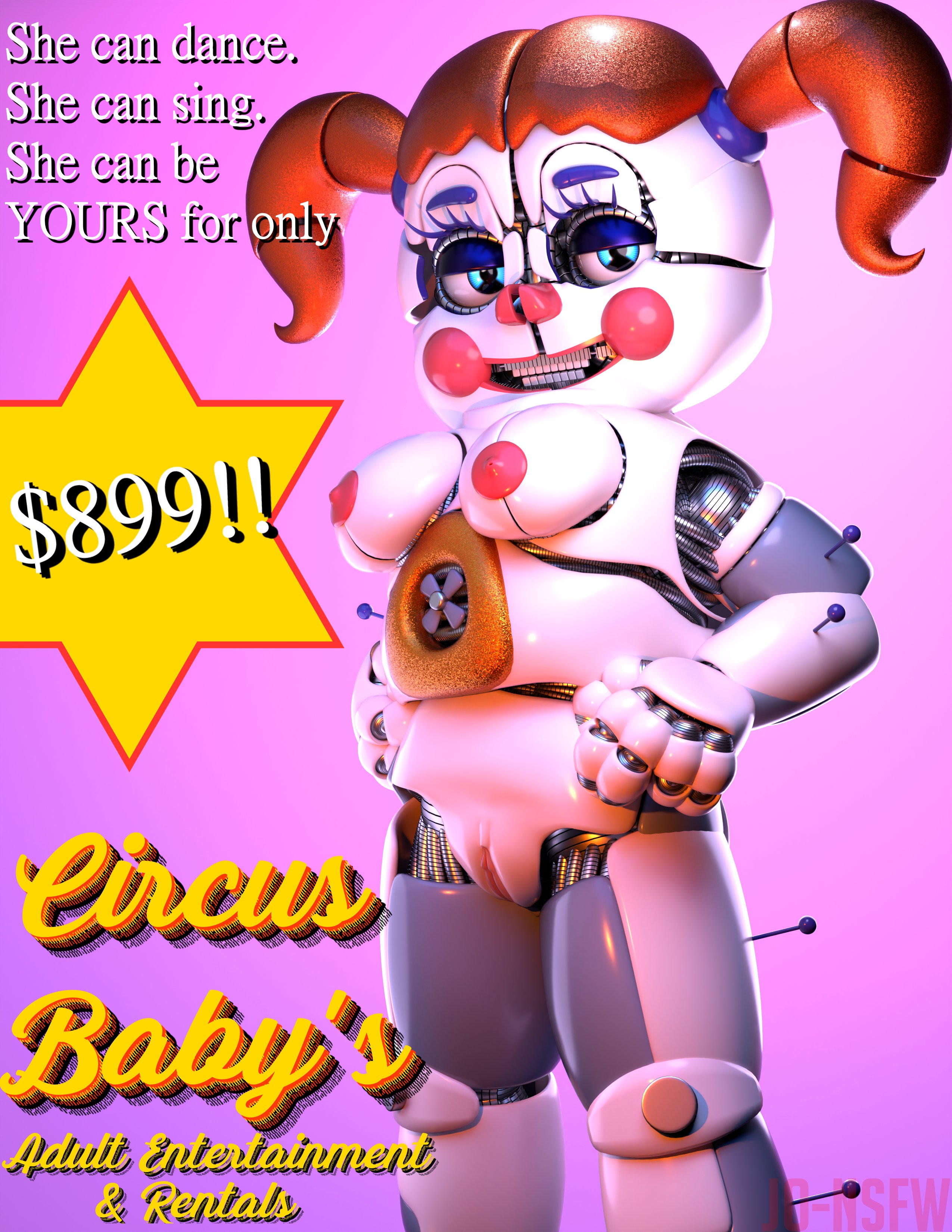 1girls, 3d, 3d (artwork), accurate model, baby (fnafsl), blue eyes, breasts, circus baby, circus baby (fnaf), circus baby (original), clown, digital media (artwork), female, five nights at freddy's, five nights at freddy's: sister location, nude, nude female, pink nipples, pussy, robot, robot girl, robot humanoid, solo, solo female, somethingshrimpii, vagina