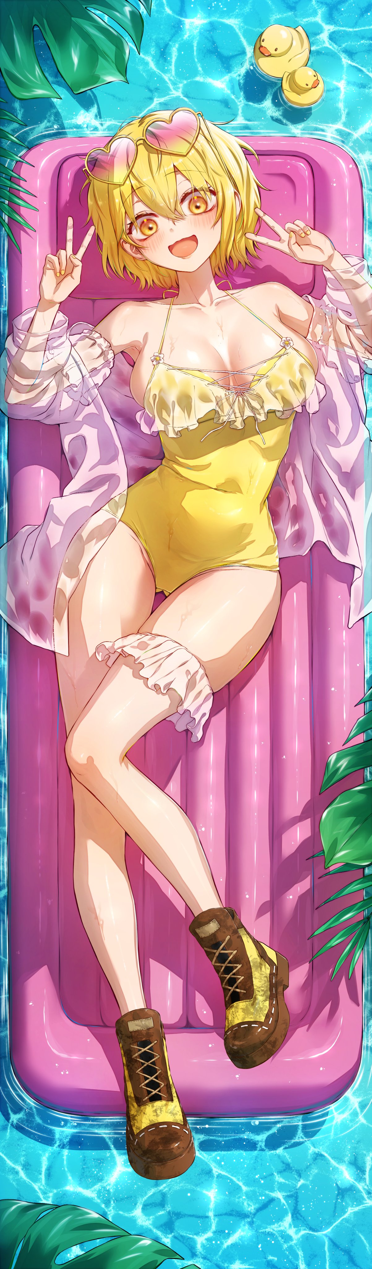 1girl, absurdres, alternate costume, blonde hair, boots, breasts, casual one-piece swimsuit, cleavage, commentary request, covered navel, don quixote (limbus company), double v, eyewear on head, frilled one-piece swimsuit, frilled thigh strap, frills, from above, full body, heart, heart-shaped eyewear, highres, inflatable raft, large breasts, limbus company, looking at viewer, lying, nail polish, on back, one-piece swimsuit, open mouth, oranberry 1018, pool, project moon, rubber duck, see-through clothes, see-through shirt, shirt, short hair, smile, solo, sunglasses, swimsuit, thigh strap, tinted eyewear, v, water, wet, yellow boots, yellow eyes, yellow nails, yellow one-piece swimsuit