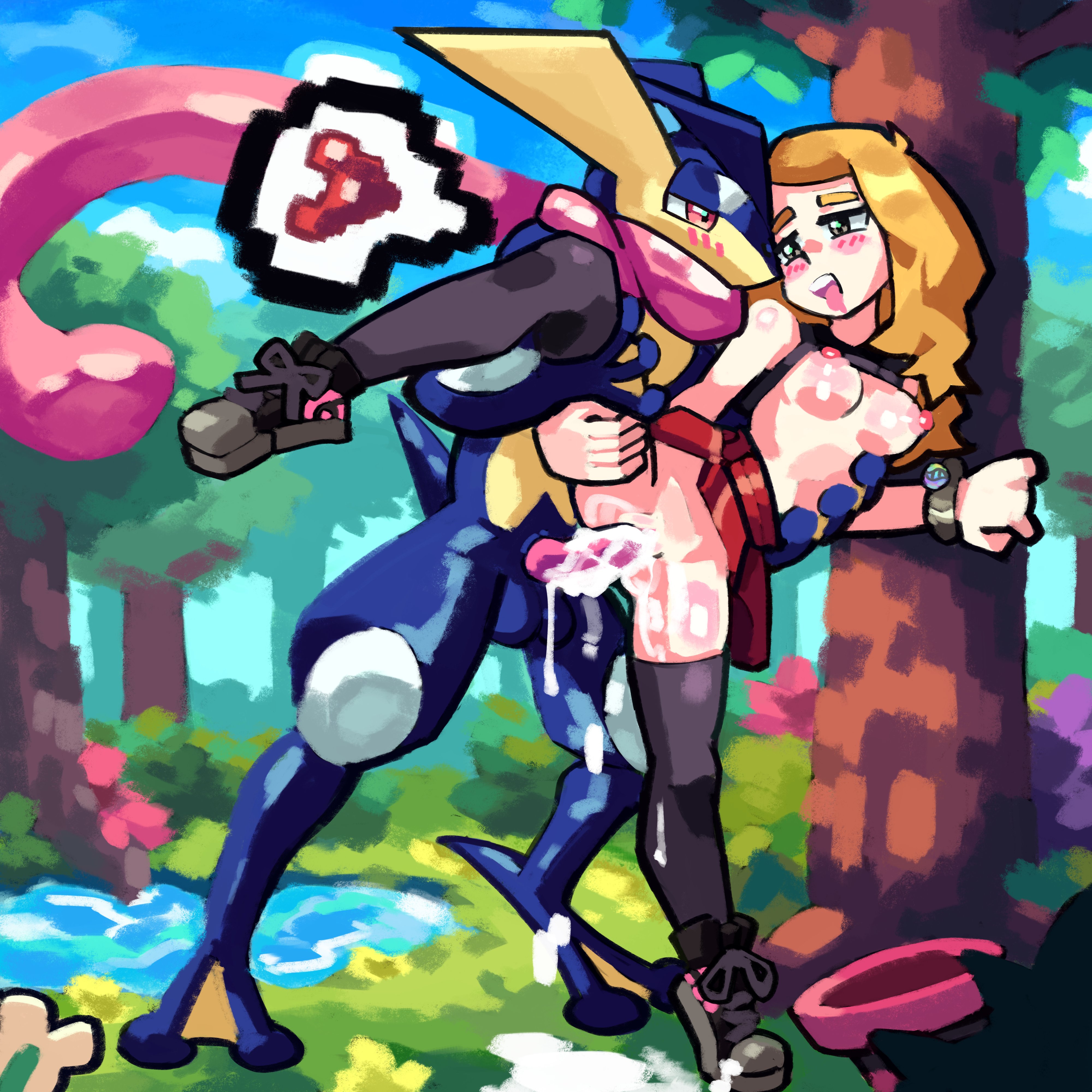 1girls, against tree, black shirt, blonde hair, blush, breasts, clothed, clothing, cum, cum in pussy, cum inside, female, greninja, honey hair, interspecies, legs up, long hair, lu blu, male, male pokemon/female human, nipples, open mouth, penetration, penis, pokemon, pokemon xy, pokephilia, pussy, red skirt, serena (pokemon games), serena (pokemon), sex, shirt, shirt lift, skirt, skirt lift, smile, spread legs, vaginal penetration