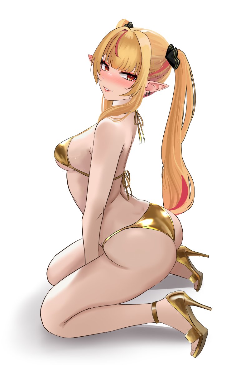 1girls, 2d, 2d (artwork), ass, bikini, blonde hair, breasts, butt, chromashift, elf ears, elf female, elf girl, estebaneishon1, female, female only, gold bikini, golden bikini, golden week, high heels, light skin, light-skinned female, long hair, pointy ears, red eyes, red hair, ruby runeheart, sexy, small breasts, thighs, virtual youtuber, vtuber, vtuberfanart, white background