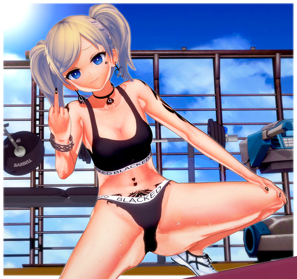 1girls 3d 3d_(artwork) belly_tattoo big_breasts blacked blacked_clothing blonde blonde_hair blue_eyes bracelet breasts choker cleavage crouching ear_piercing earrings face_tattoo female female_only heart jewelry light-skinned_female light_skin looking_at_viewer medium_breasts middle_finger nail_polish numbersguy oppai original panties piercing princess_sasha qos queen_of_spades queen_of_spades_symbol skimpy smile smiling solo spade_choker spade_earrings spade_tattoo sports_bra tattoo text twintails underwear