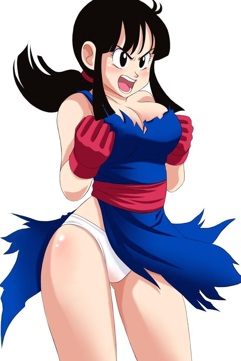 angry, black hair, blue dress, breasts, chichi, dragon ball, dragon ball (classic), female, female only, gloves, panties, teenage female, teenager, torn dress, trinitoncg