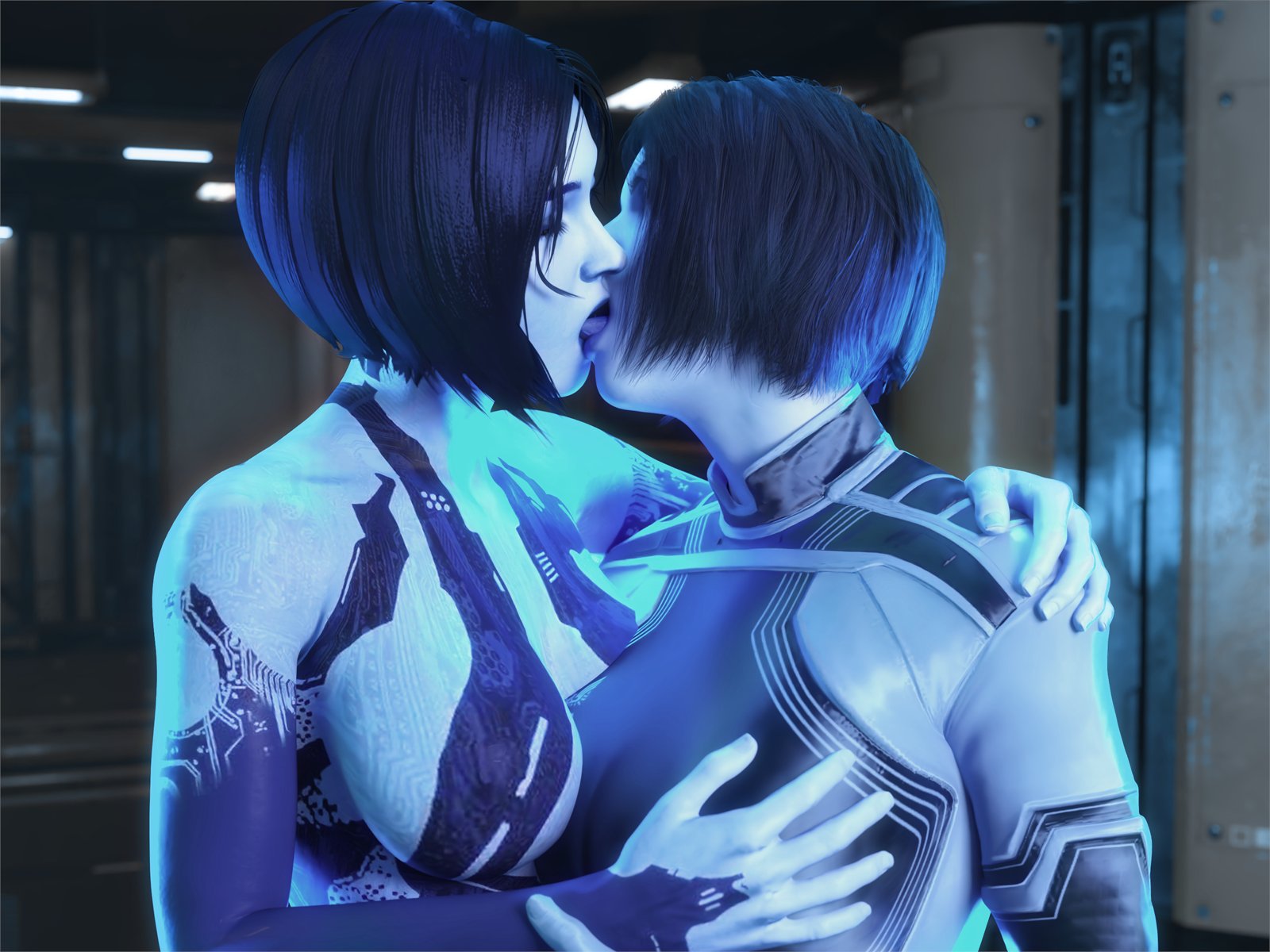 2girls, 343 industries, 3d, 4:3, ai character, artificial intelligence, big breasts, blender, blue body, blue hair, blue skin, blue-skinned female, breasts, bungie, bust, busty, cortana, curvaceous, curvy, curvy figure, female, female only, halo (series), halo 4, halo infinite, highres, huge breasts, kissing, large breasts, mature, mature female, microsoft, multiple girls, short hair, slim waist, the weapon (halo infinite), thick, video game character, voluptuous, waist, word2, xbox game studios, yuri