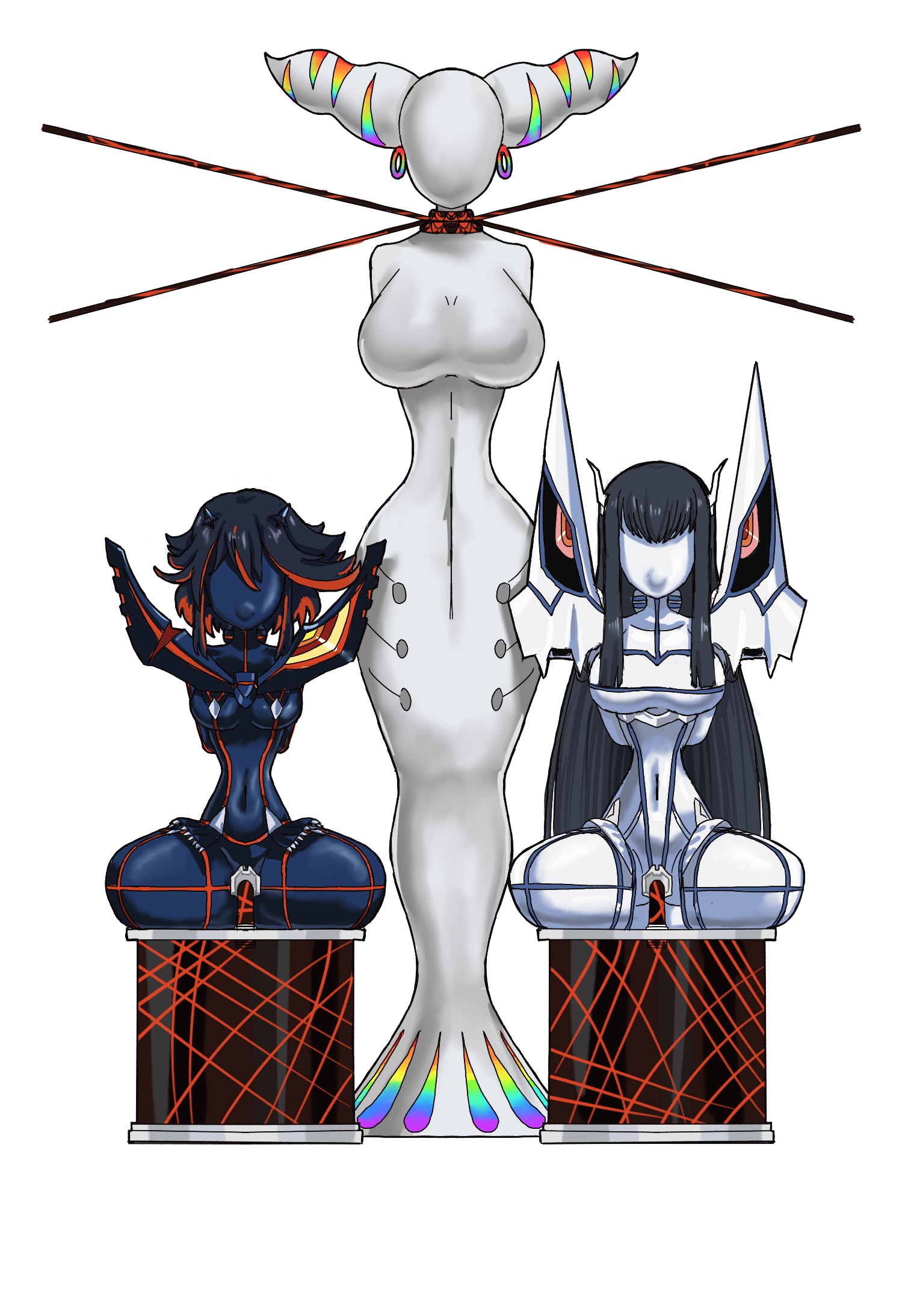 armbinder, arms tied behind back, bad end, bdsm, big breasts, bondage, cleavage, defeated heroine, gag, gagged, gimps, kill la kill, kiryuuin ragyou, kiryuuin satsuki, latex, latex hood, legbinder, matoi ryuuko, mother and daughter, paa, rubber transformation, skimpy clothes, trophy girls, vaginal insertion, vaginal penetration