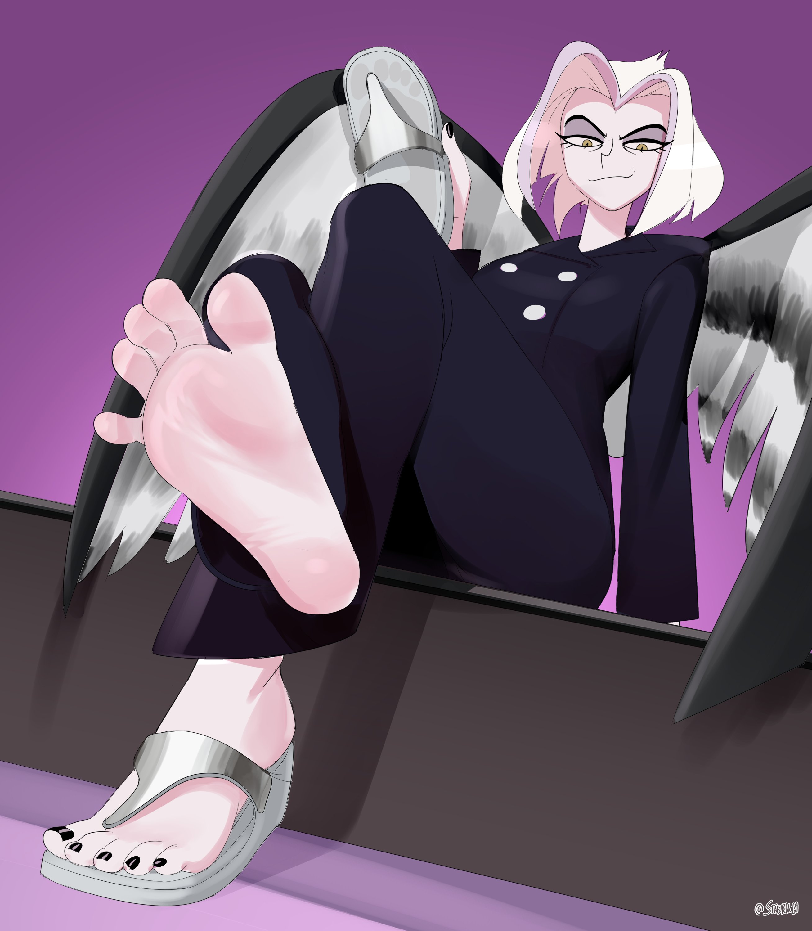 1girl, 1girls, absurd res, amazon prime, angel girl, angel wings, barefoot, black nails, black toenails, crossed legs, feet, foot fetish, foot focus, footprint on sandals, footprints, hazbin hotel, hellaverse, high res, holding, holding footwear, holding sandals, holding unworn clothes, lute (hazbin hotel), nail polish, sandals, short hair, simple background, sitting, smirk, soles, solo, spindlehorse toons, staerk, toenail polish, toenails, toes, twitter, twitter username, vivienne medrano, vivziepop, white hair, wings