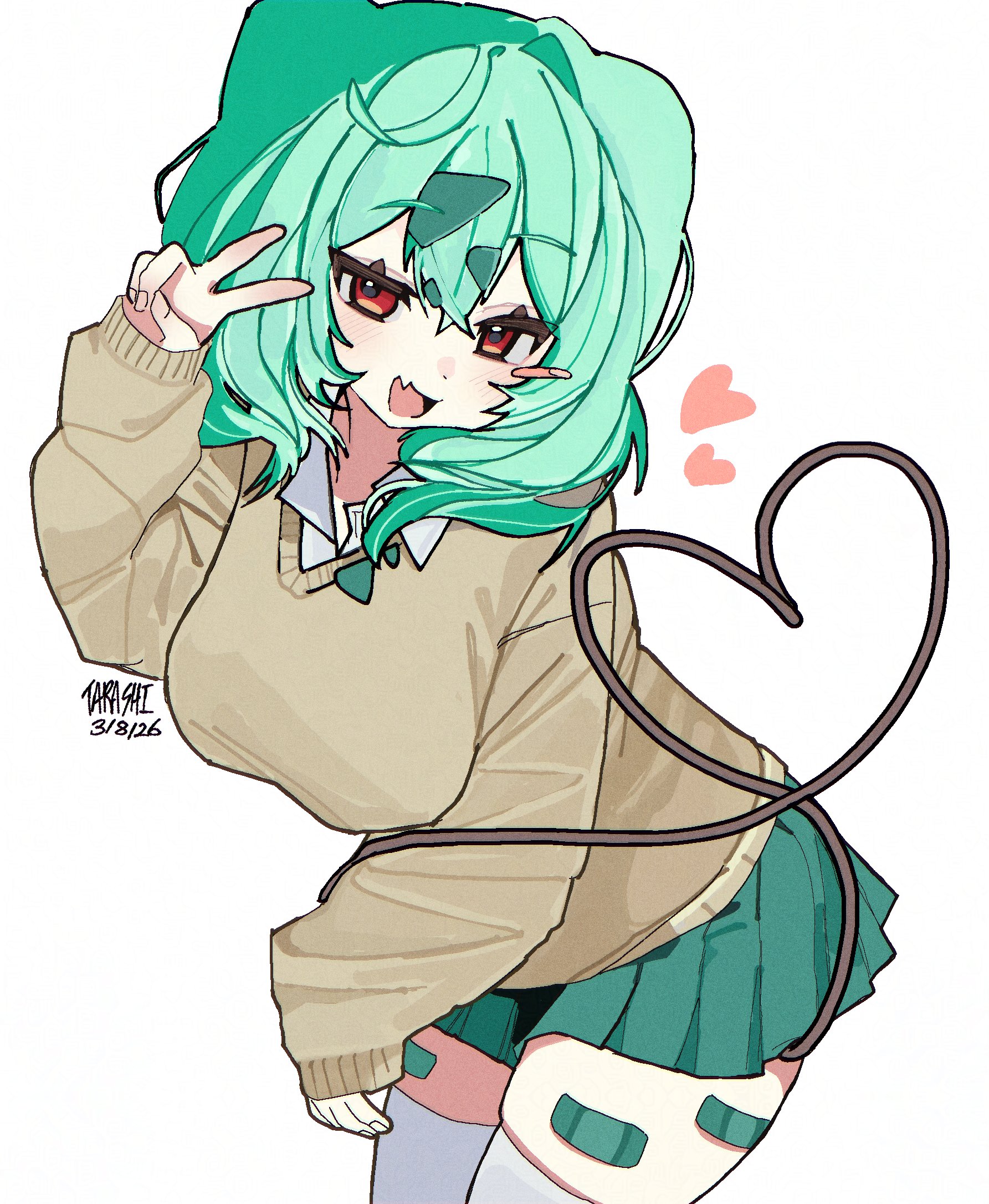 <3, 1girls, 2026, artist name, blush, bulbasaur, eyelashes, female, female only, fushigidane, generation 1 pokemon, green hair, gyaru, gyaru bulbasaur, gyaru fushigidane, gyaru fushigidane (shin no tenpii), hi res, humanized, humanized pokemon, looking at viewer, nintendo, not porn, poco a pokemon, pokemon, pokemon (species), pokemon pokopia, red eyes, smiling, smiling at viewer, solo, tarashi, thighhighs, v sign, white background