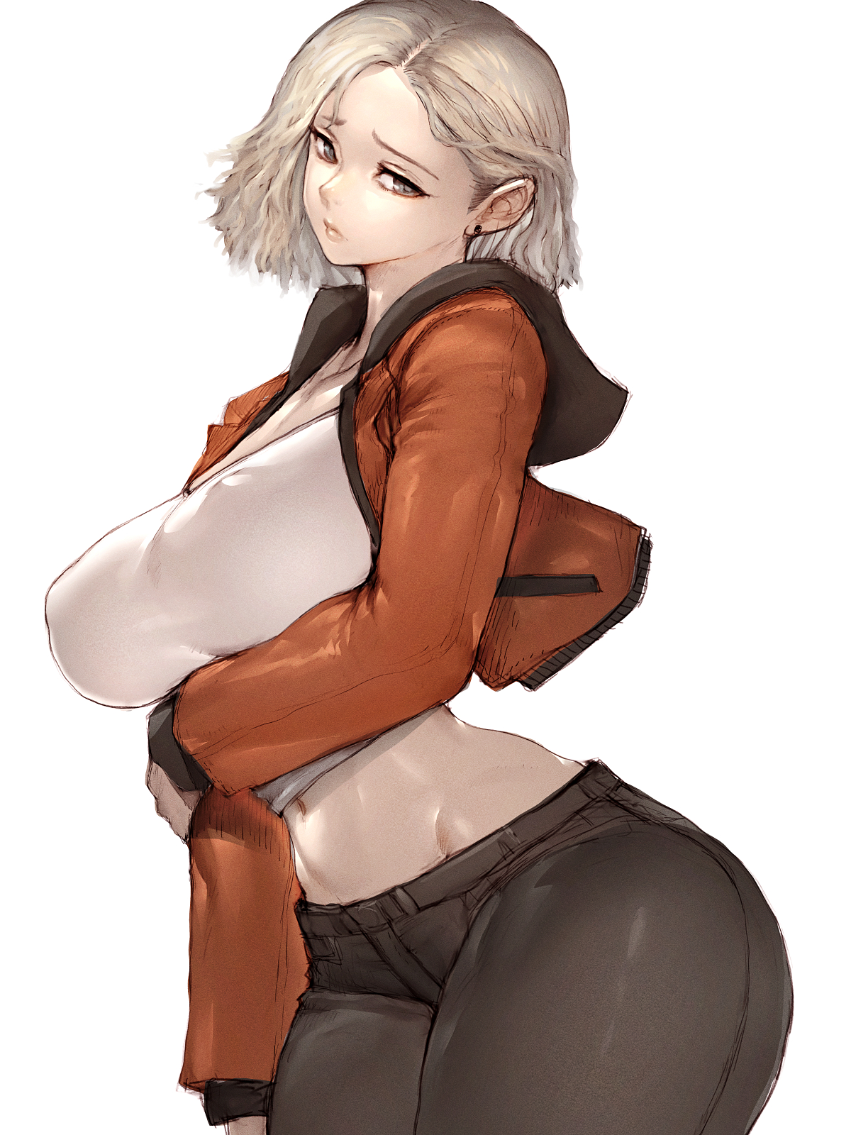 1girls, black pants, blonde hair, covered nipples, female, female only, fumio (rsqkr), grace ashcroft, jacket, large breasts, looking at viewer, midriff, mound of venus, navel, resident evil, resident evil 9: requiem, short hair, simple background, solo, white background