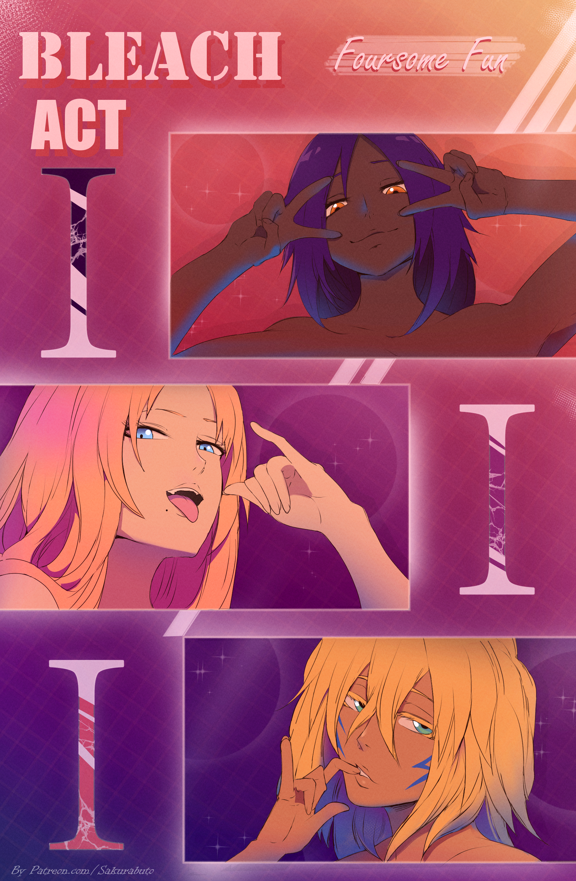 3girls, bleach, blonde hair, comic, comic cover, female, female only, matsumoto rangiku, orange hair, posing, sakurabuto, shihouin yoruichi, tia harribel, violet hair