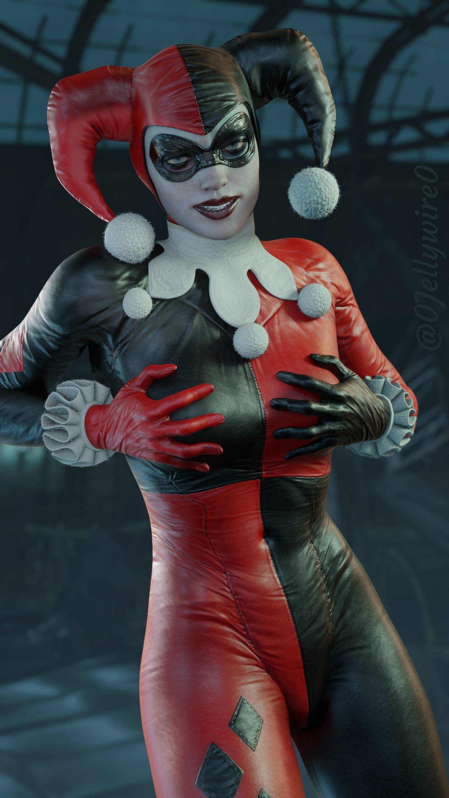 0jellywire0, 3d, athletic, athletic female, batman (series), blue eyes, bodysuit, breasts, busty, dc, dc comics, female, female focus, female only, harley quinn, harley quinn (classic), harley quinn (injustice), hourglass figure, injustice 2, medium breasts, solo, tagme, wide hips